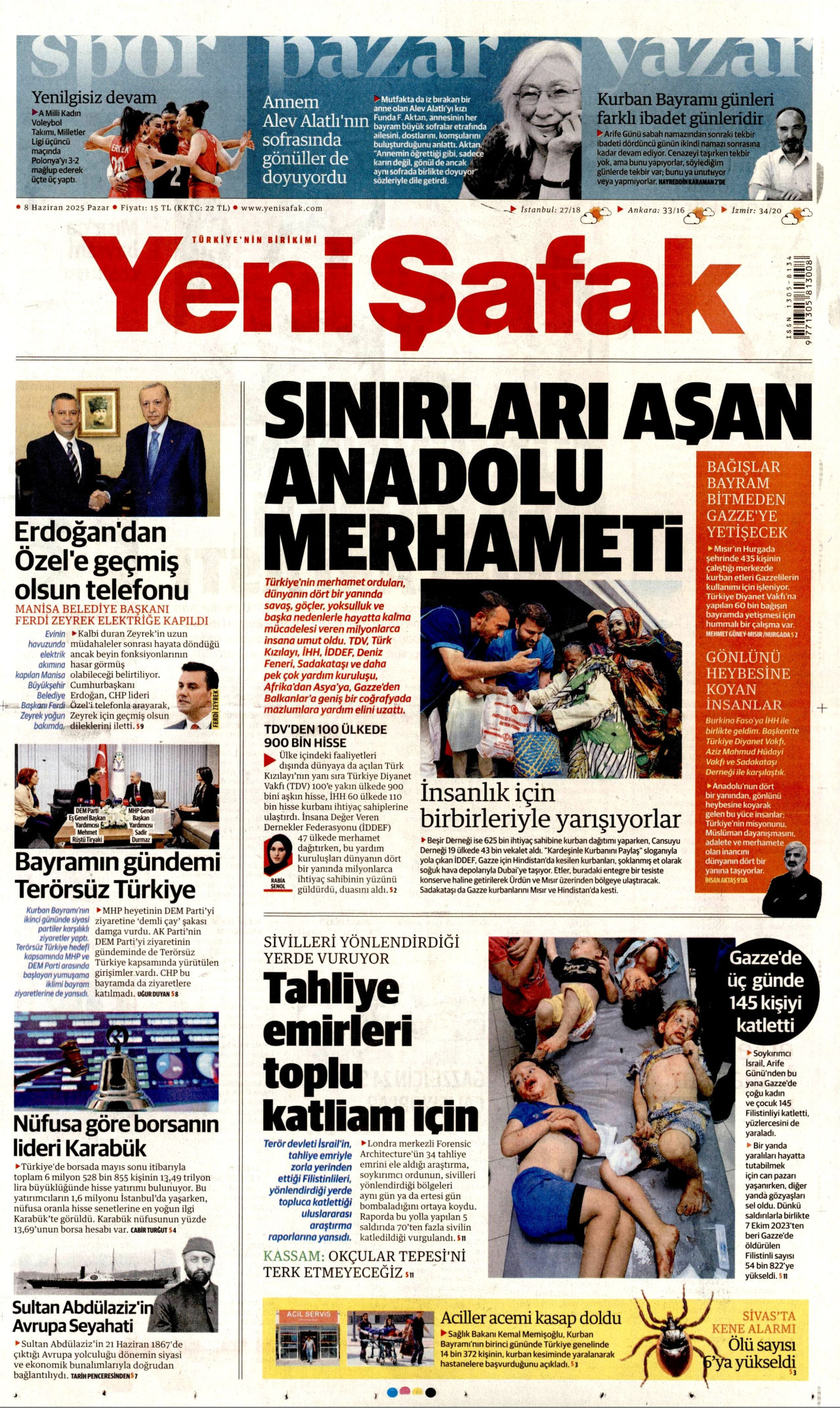 YENİ ŞAFAK gazetesinin 8 Haziran 2025 tarihli birinci sayfası
