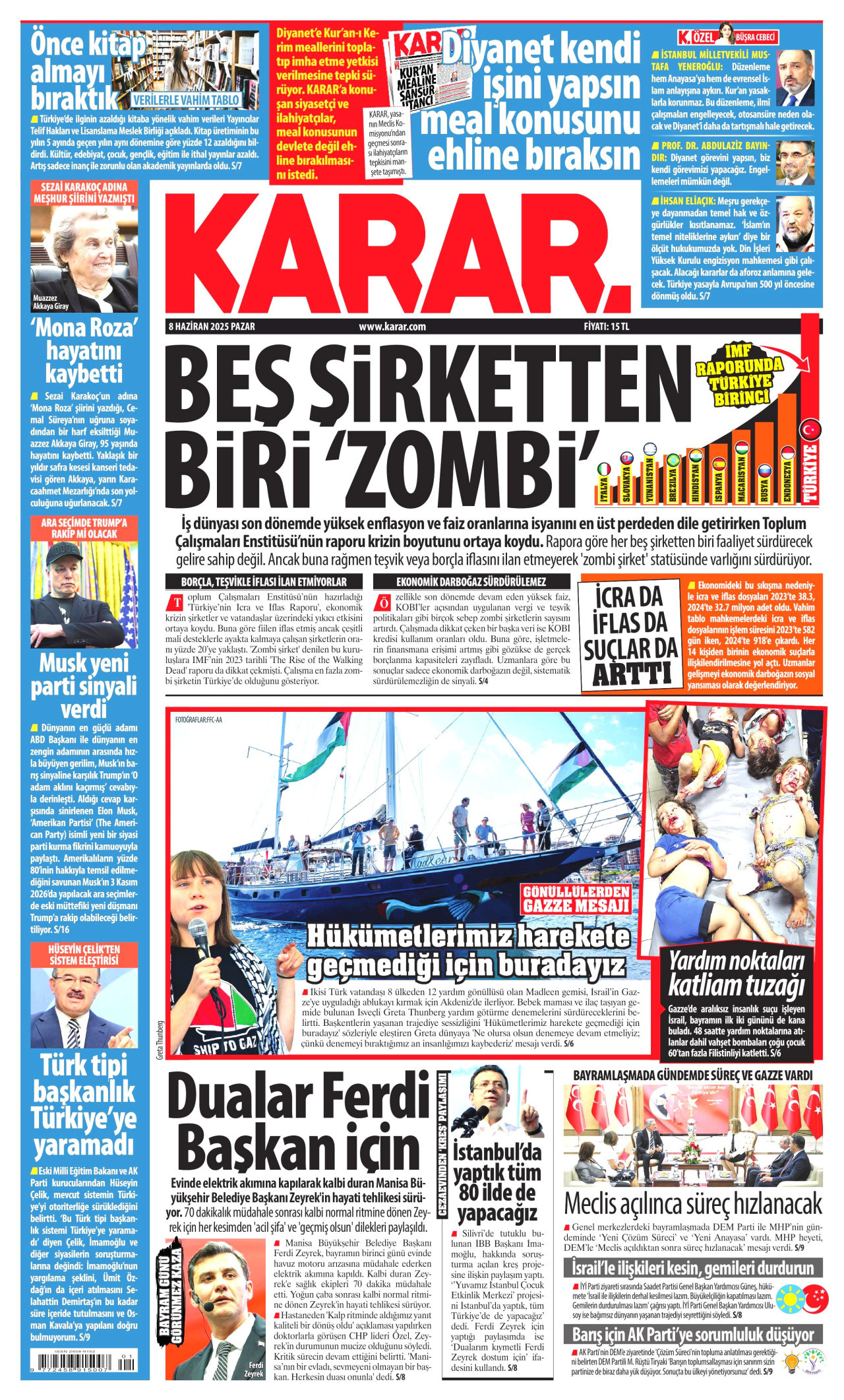 KARAR gazetesinin 8 Haziran 2025 tarihli birinci sayfası