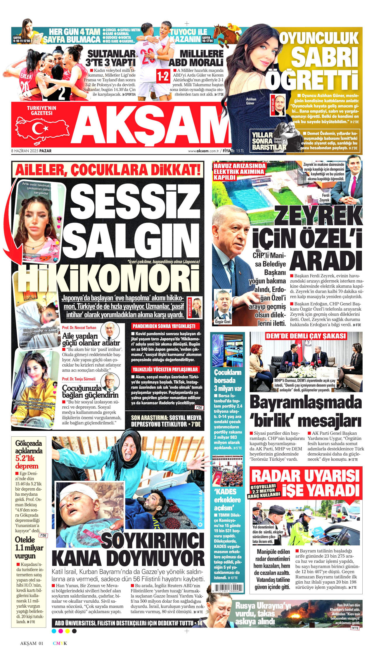 AKŞAM gazetesinin 8 Haziran 2025 tarihli birinci sayfası