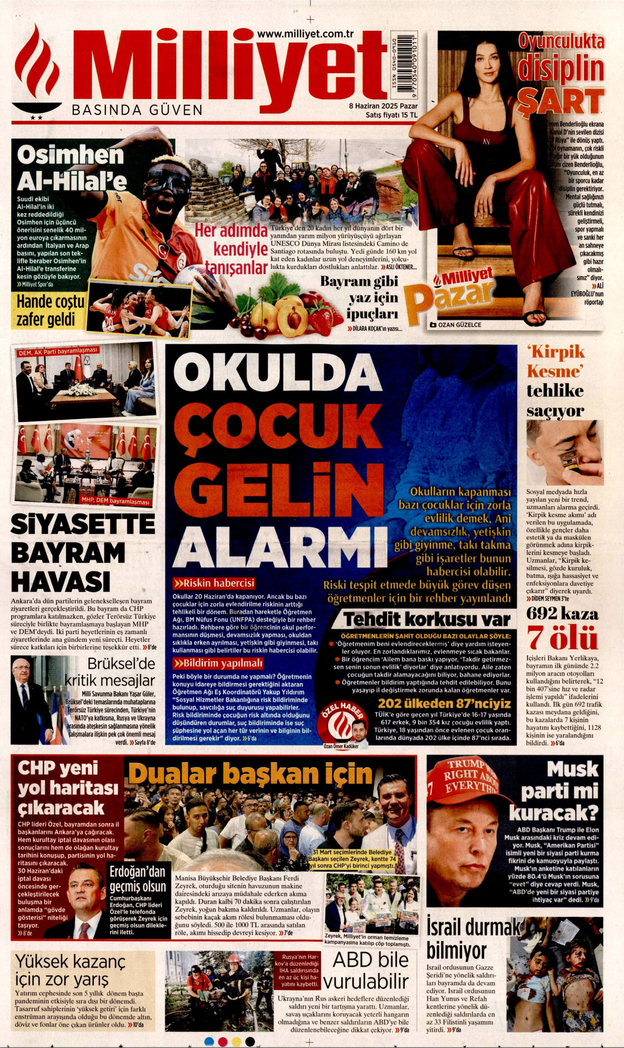 MİLLİYET gazetesinin 8 Haziran 2025 tarihli birinci sayfası