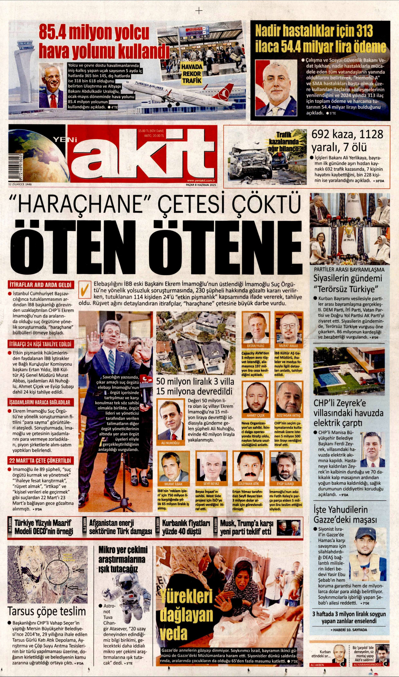 YENİ AKİT gazetesinin 8 Haziran 2025 tarihli birinci sayfası