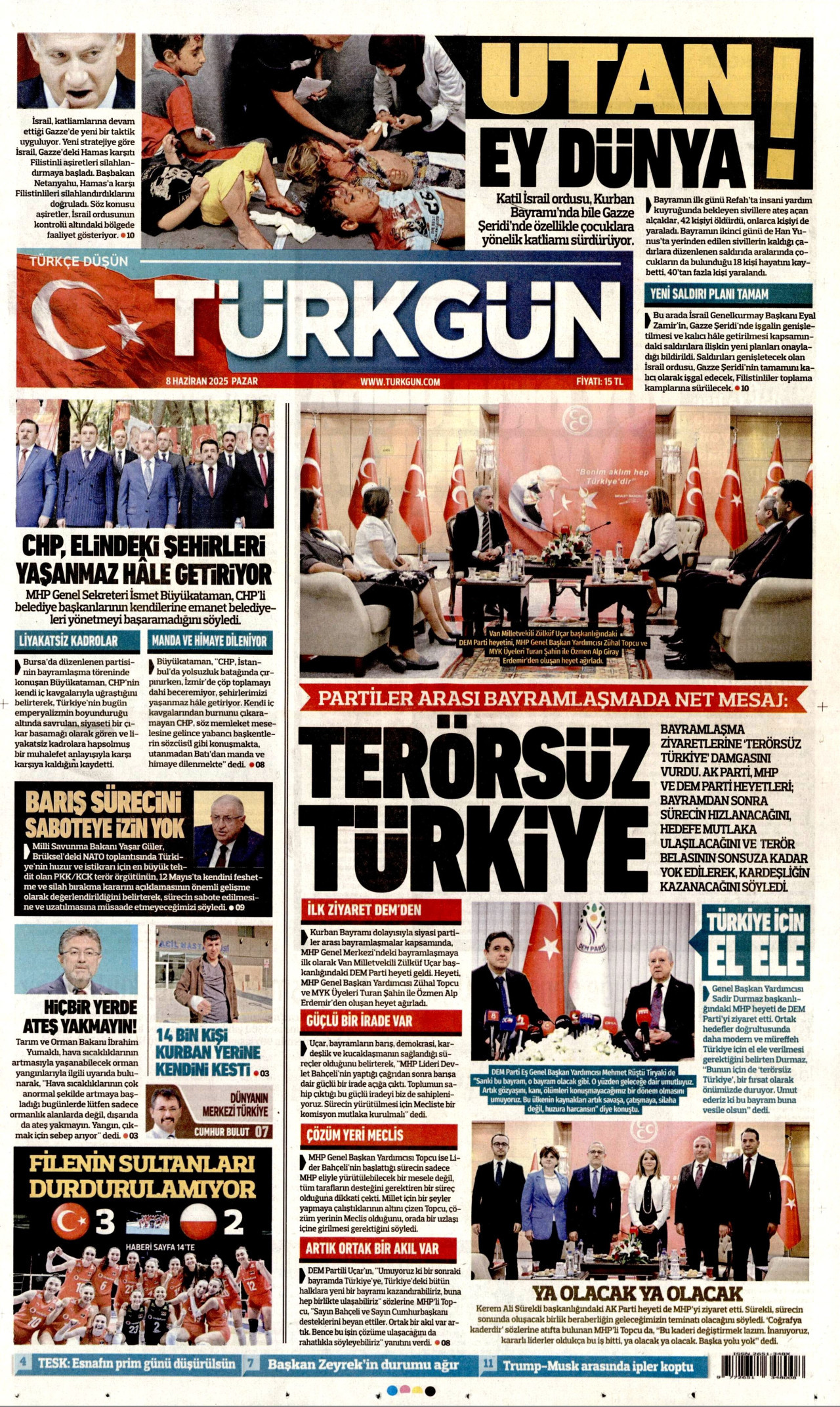 TÜRKGÜN gazetesinin 8 Haziran 2025 tarihli birinci sayfası