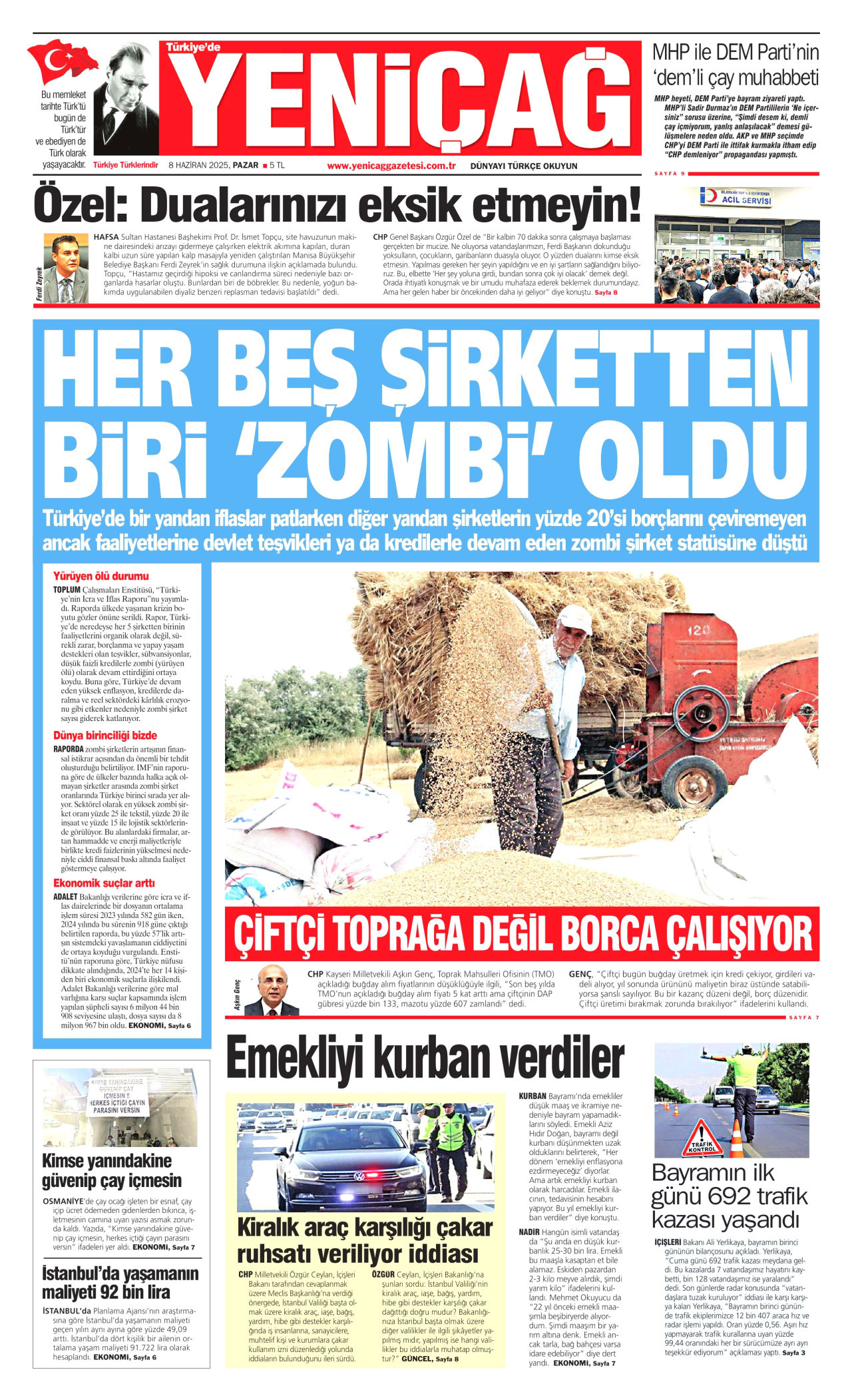 YENİÇAĞ gazetesinin 8 Haziran 2025 tarihli birinci sayfası