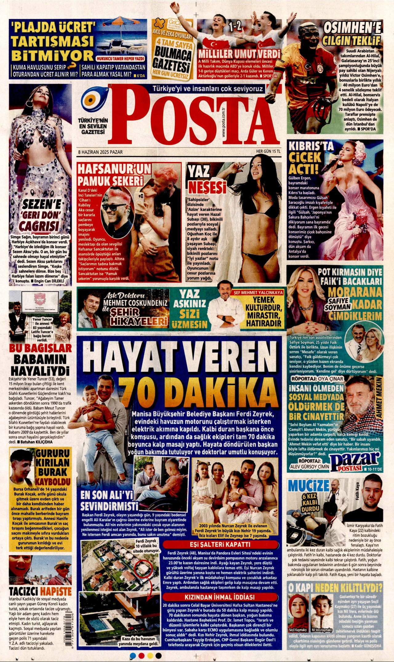 POSTA gazetesinin 8 Haziran 2025 tarihli birinci sayfası