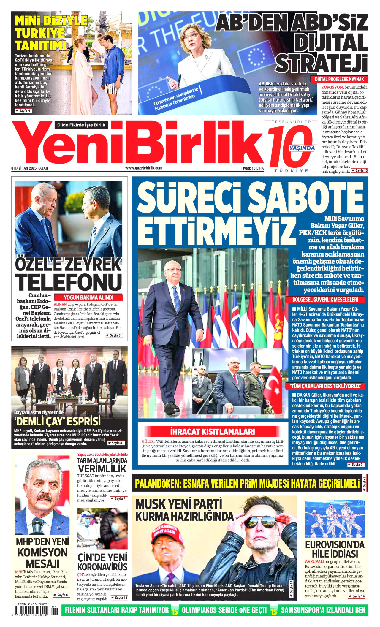 YENİBİRLİK gazetesinin 8 Haziran 2025 tarihli birinci sayfası