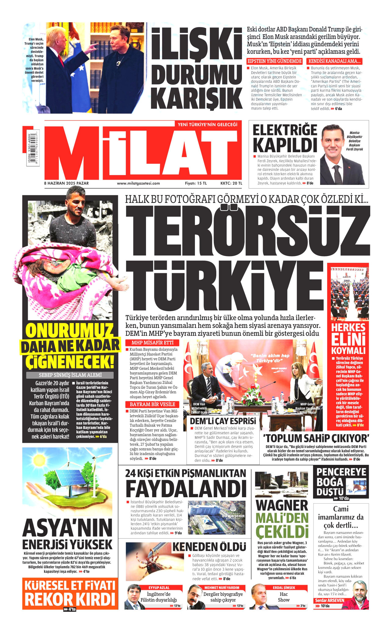 MİLAT gazetesinin 8 Haziran 2025 tarihli birinci sayfası