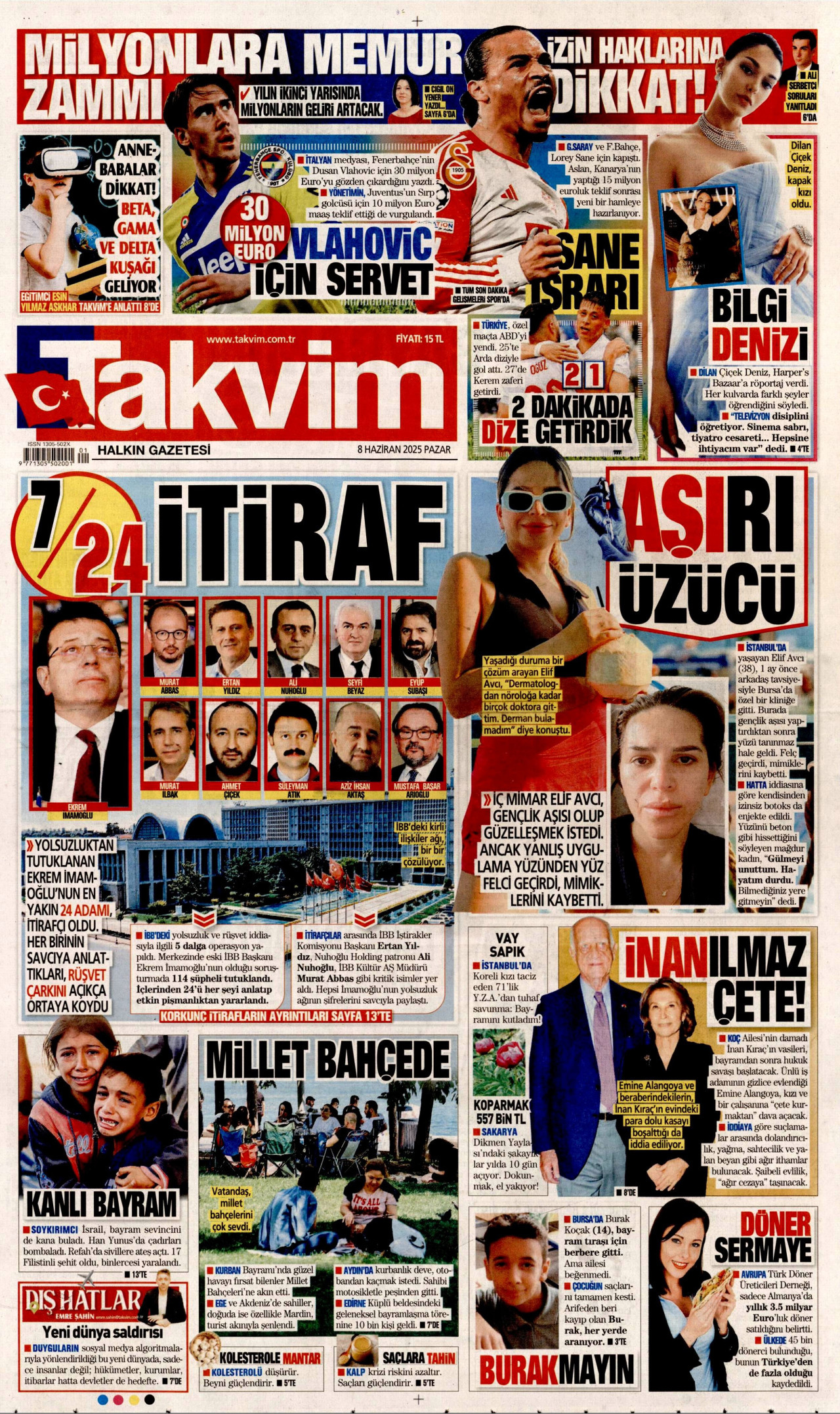 TAKVİM gazetesinin 8 Haziran 2025 tarihli birinci sayfası