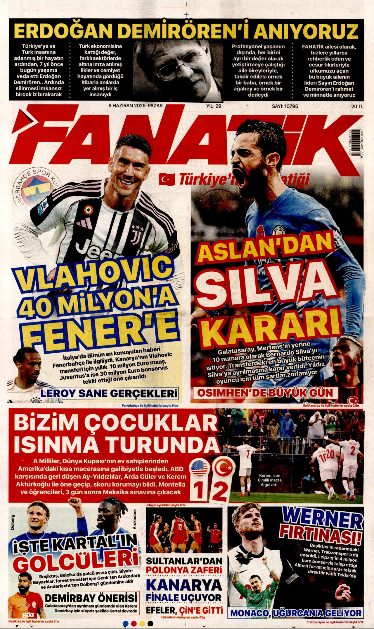 FANATİK gazetesinin 8 Haziran 2025 tarihli birinci sayfası