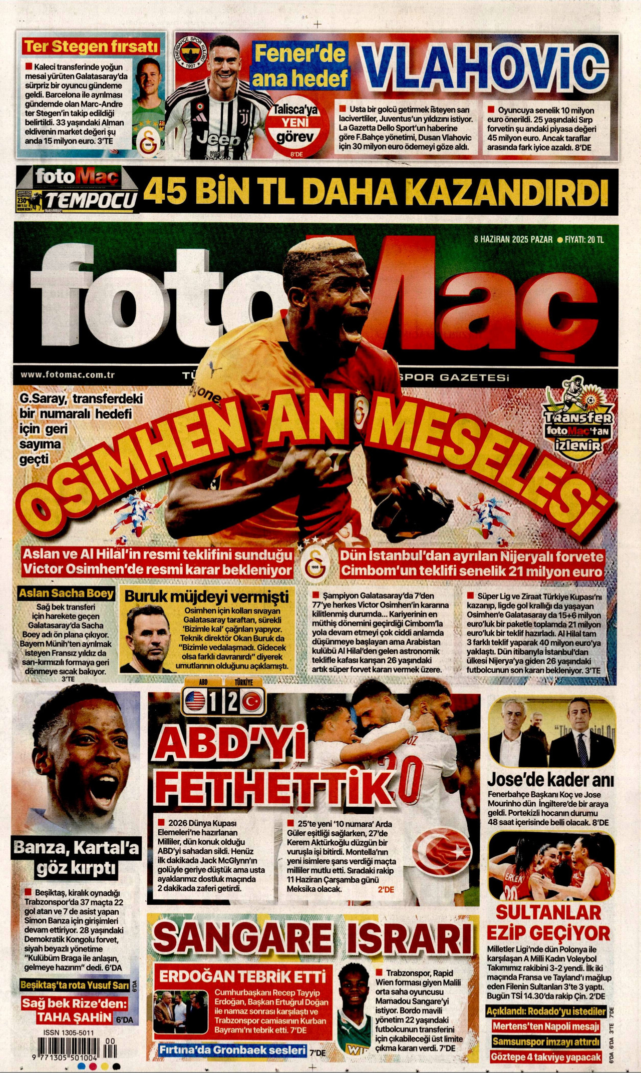 FOTOMAÇ gazetesinin 8 Haziran 2025 tarihli birinci sayfası