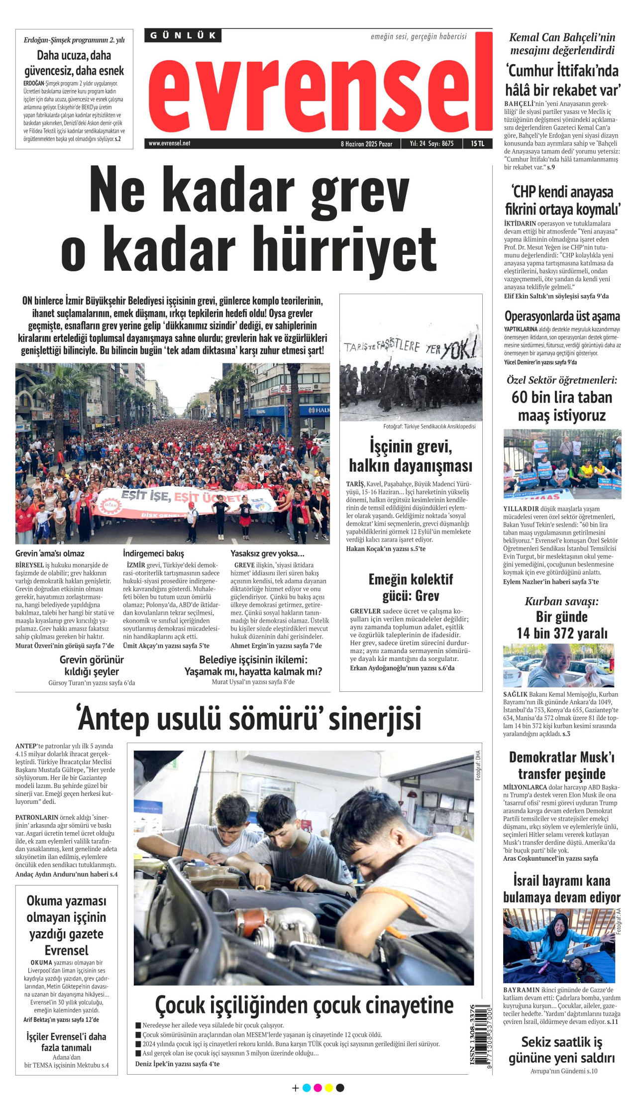 EVRENSEL gazetesinin 8 Haziran 2025 tarihli birinci sayfası
