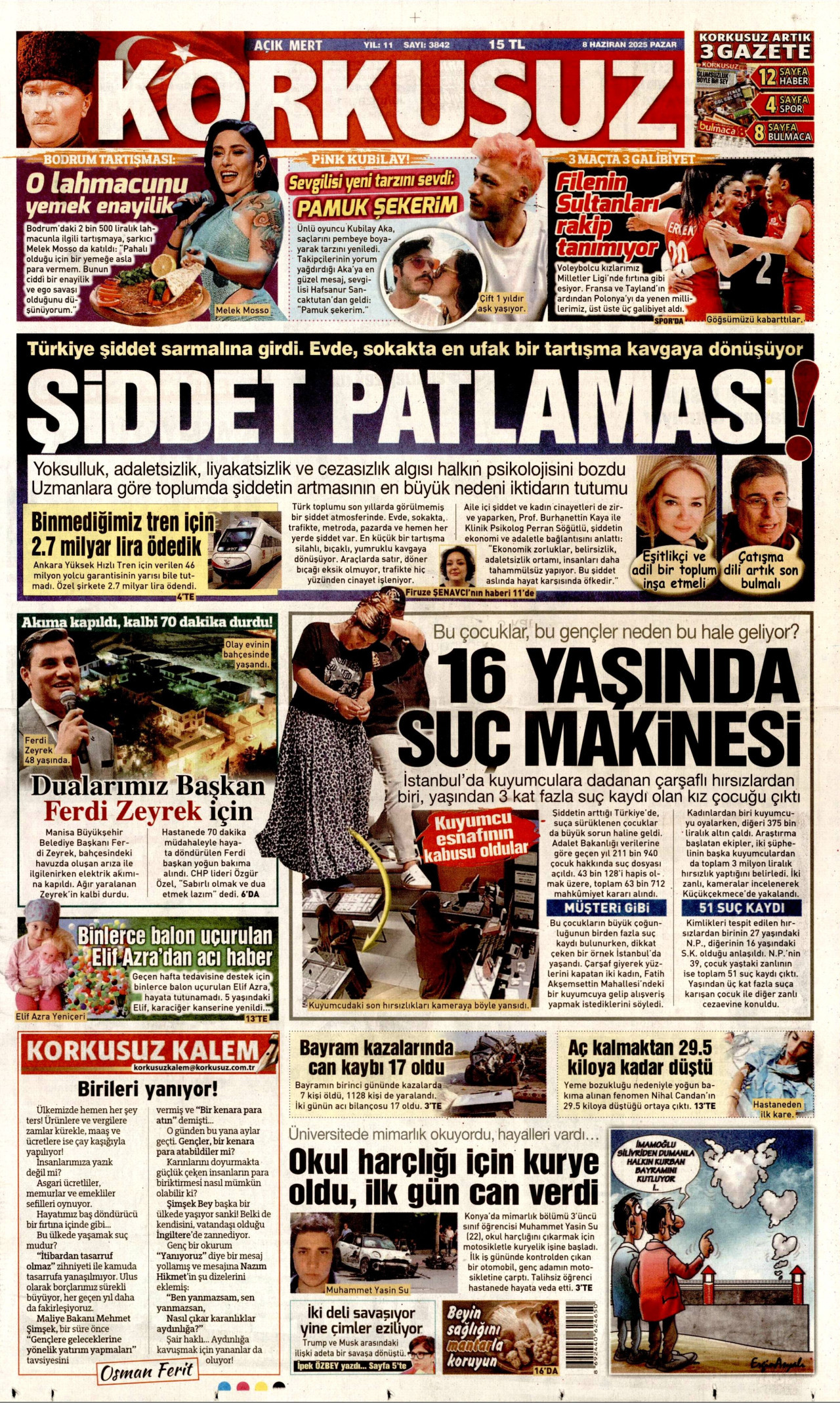 KORKUSUZ gazetesinin 8 Haziran 2025 tarihli birinci sayfası