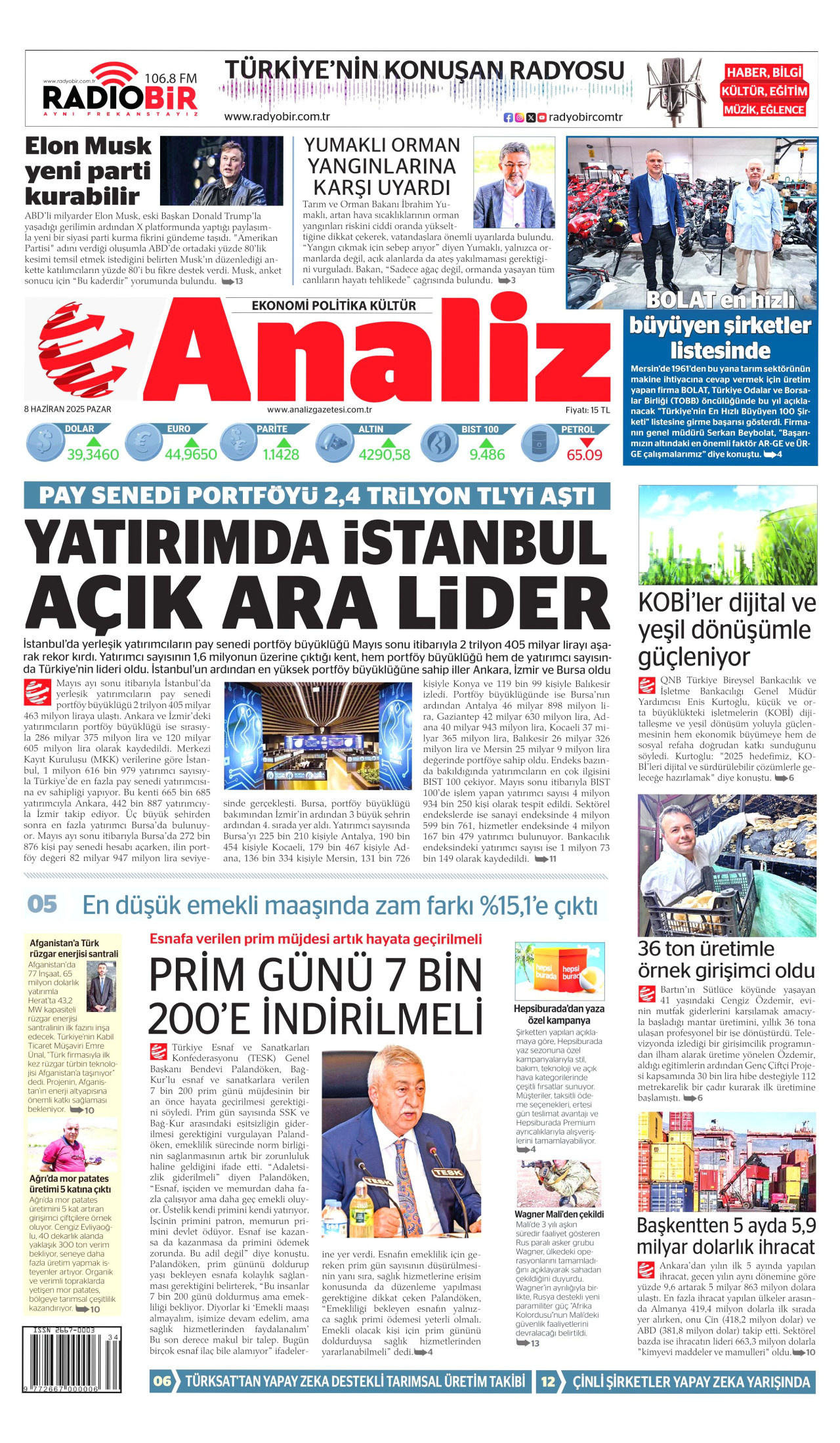 ANALİZ gazetesinin 8 Haziran 2025 tarihli birinci sayfası