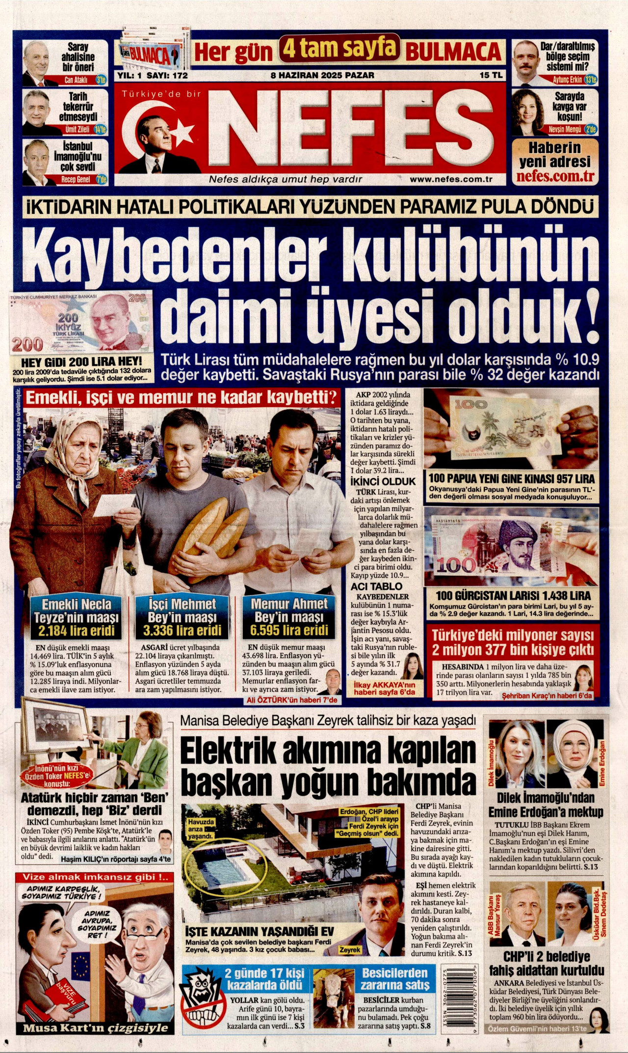 NEFES gazetesinin 8 Haziran 2025 tarihli birinci sayfası