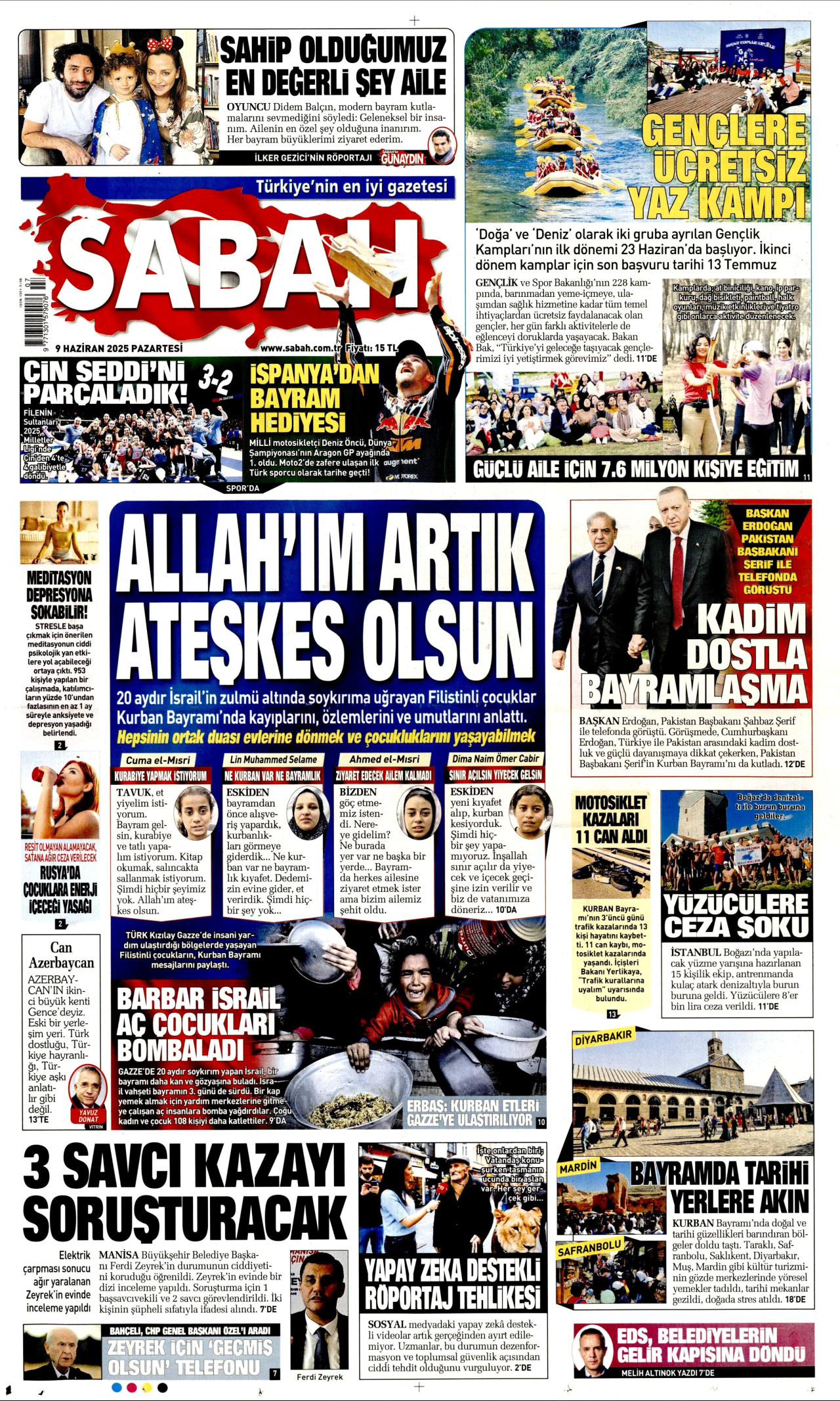 SABAH gazetesinin 9 Haziran 2025 tarihli birinci sayfası