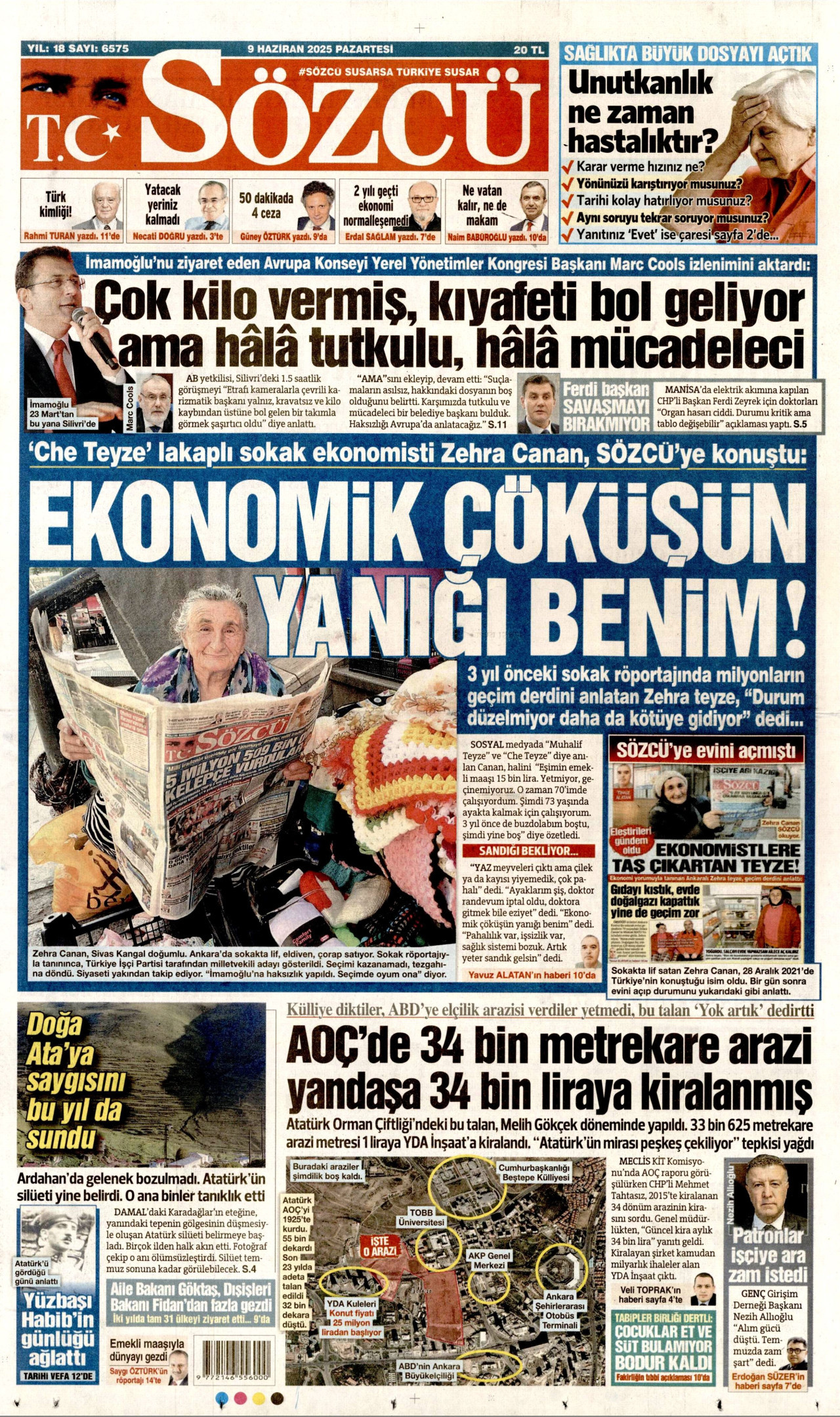 SÖZCÜ gazetesinin 9 Haziran 2025 tarihli birinci sayfası