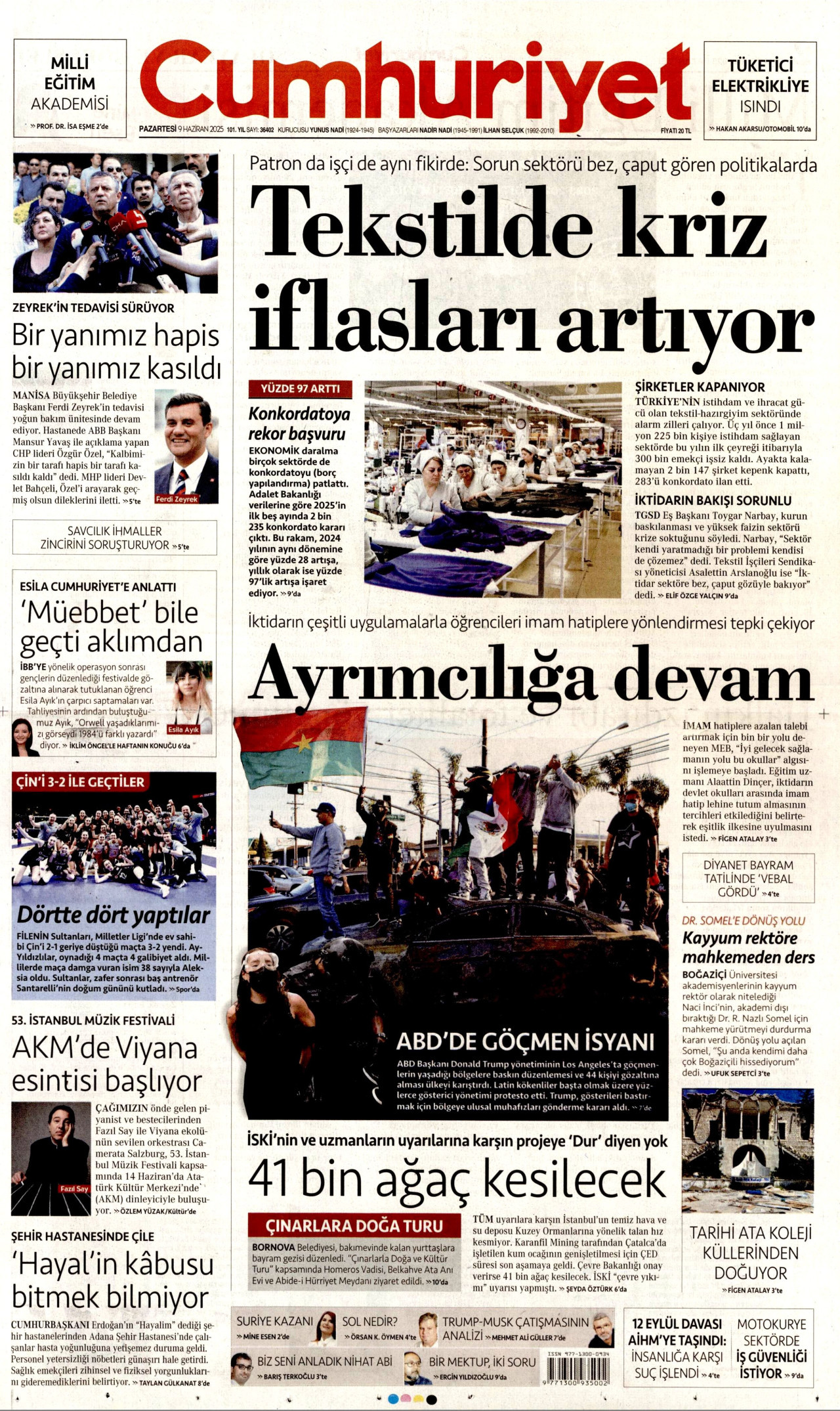 CUMHURİYET gazetesinin 9 Haziran 2025 tarihli birinci sayfası