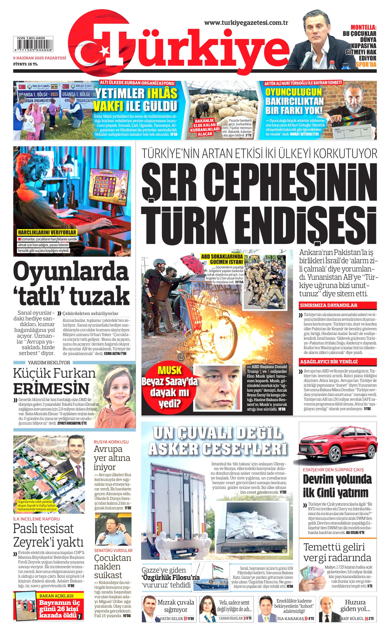 TÜRKİYE GAZETESİ gazetesinin 9 Haziran 2025 tarihli birinci sayfası