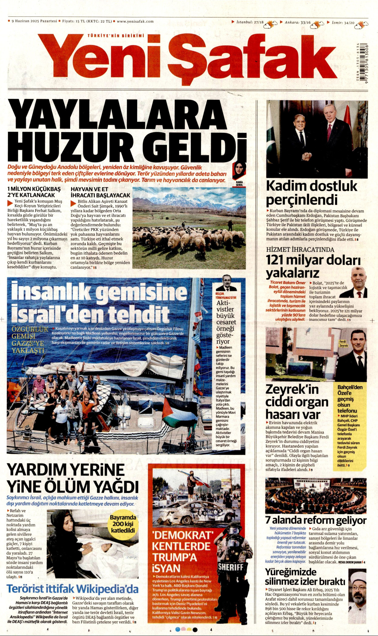 YENİ ŞAFAK gazetesinin 9 Haziran 2025 tarihli birinci sayfası
