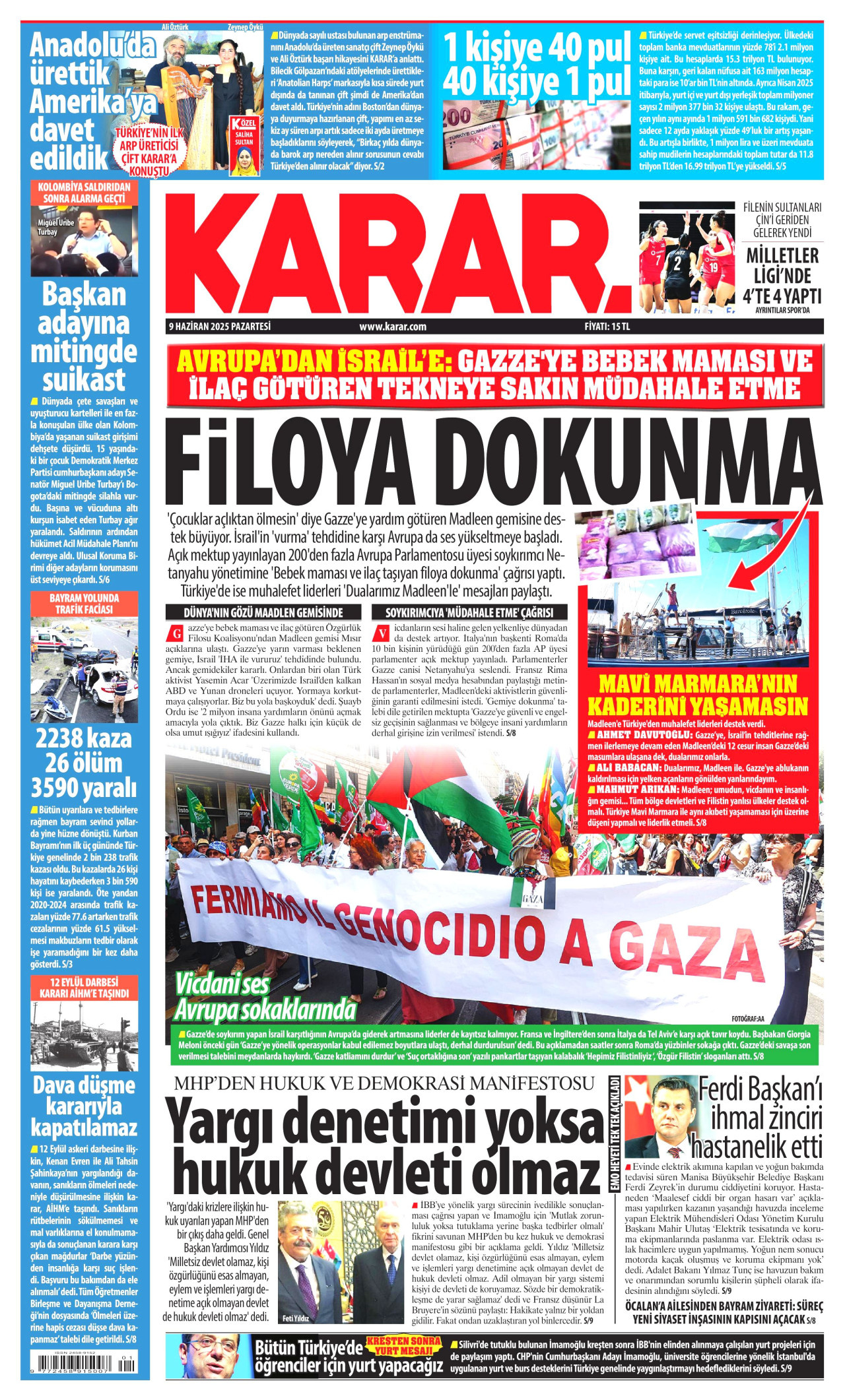 KARAR gazetesinin 9 Haziran 2025 tarihli birinci sayfası