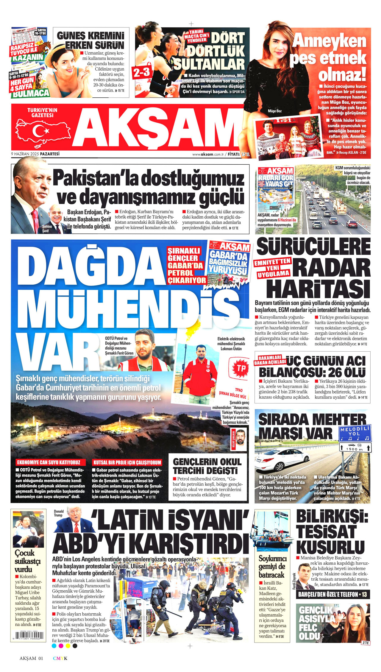 AKŞAM gazetesinin 9 Haziran 2025 tarihli birinci sayfası