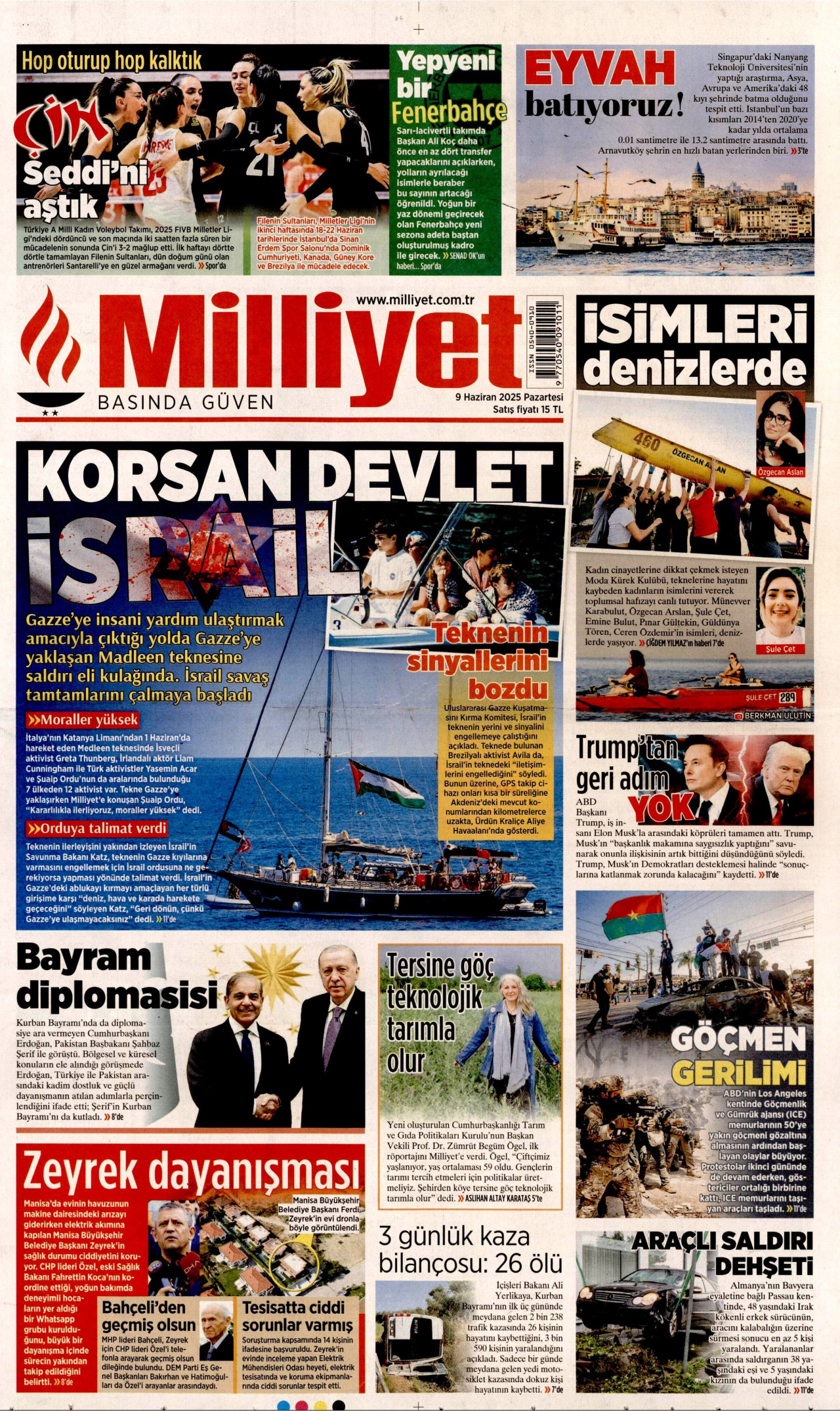 MİLLİYET gazetesinin 9 Haziran 2025 tarihli birinci sayfası