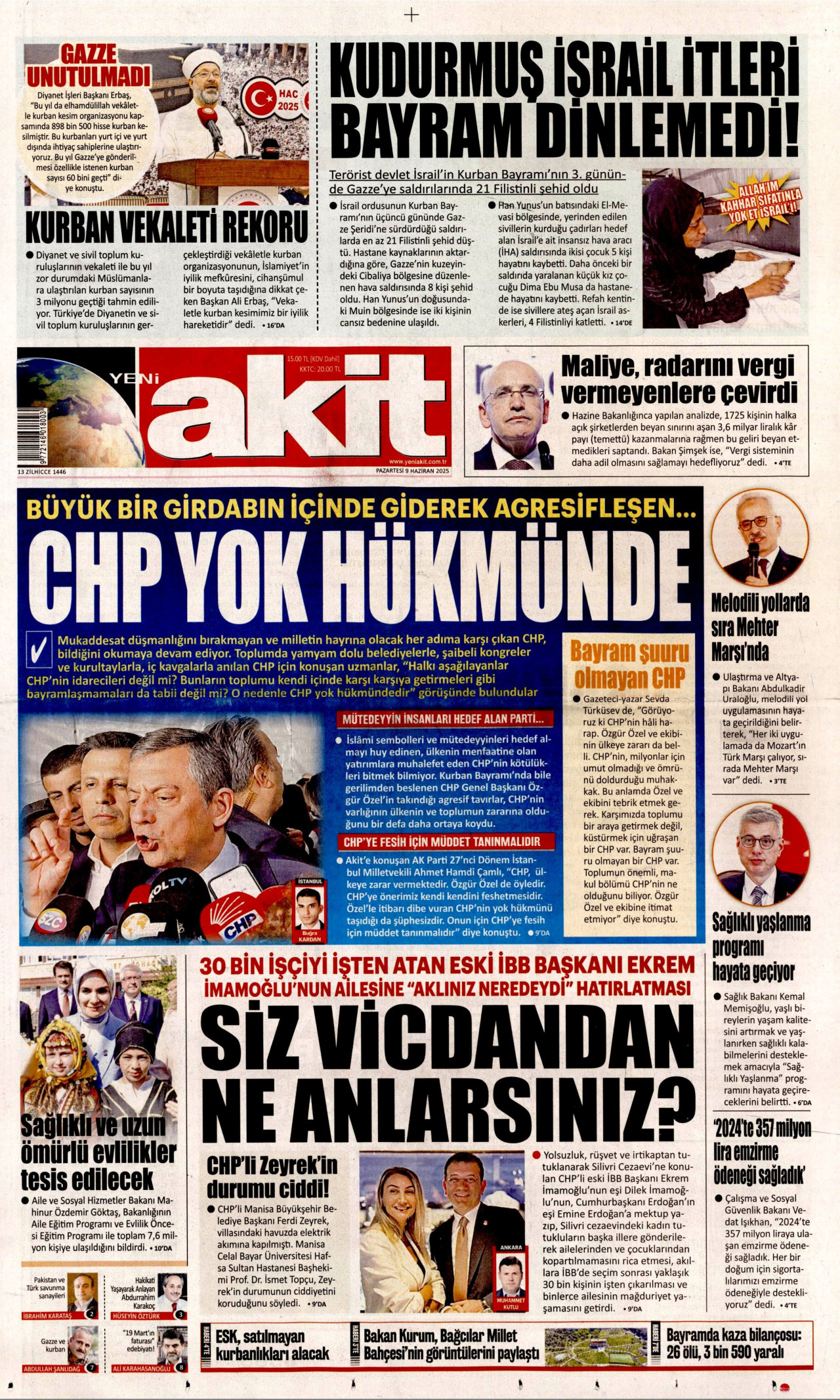 YENİ AKİT gazetesinin 9 Haziran 2025 tarihli birinci sayfası