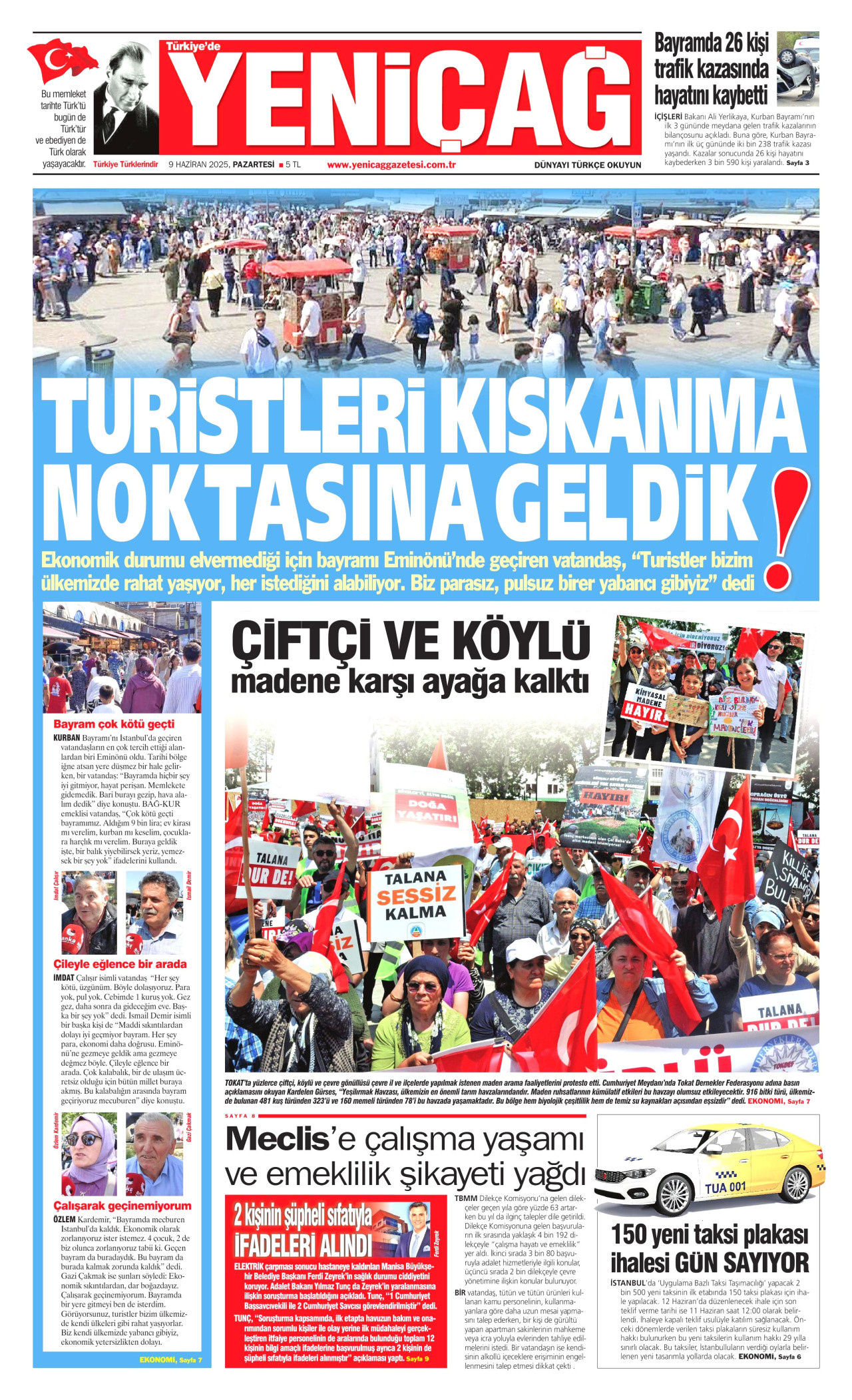 YENİÇAĞ gazetesinin 9 Haziran 2025 tarihli birinci sayfası