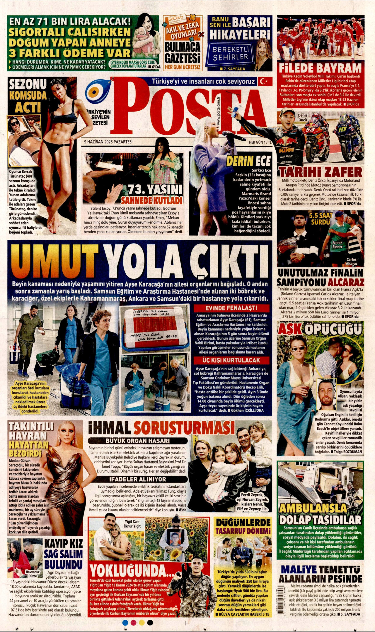 POSTA gazetesinin 9 Haziran 2025 tarihli birinci sayfası