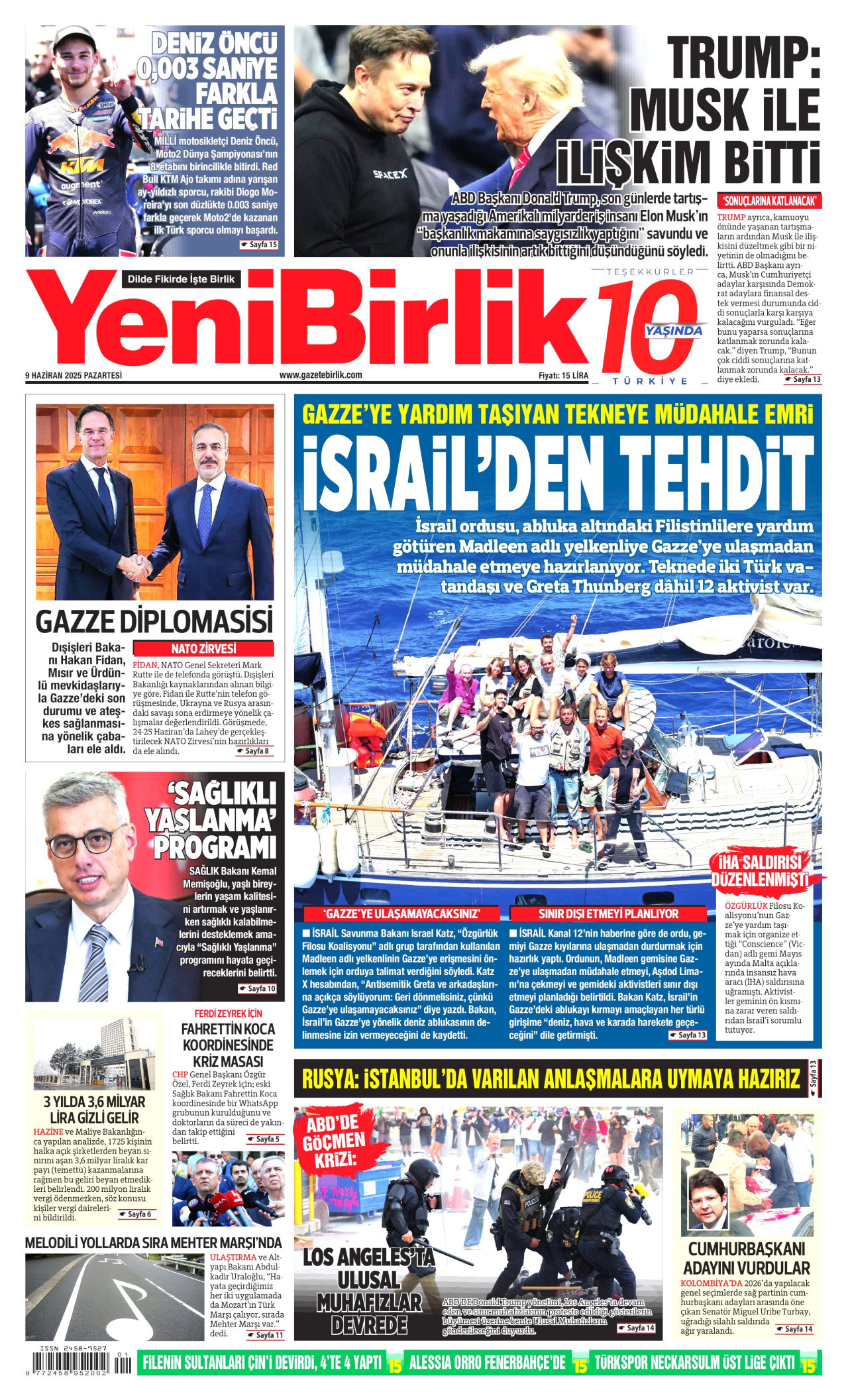 YENİBİRLİK gazetesinin 9 Haziran 2025 tarihli birinci sayfası