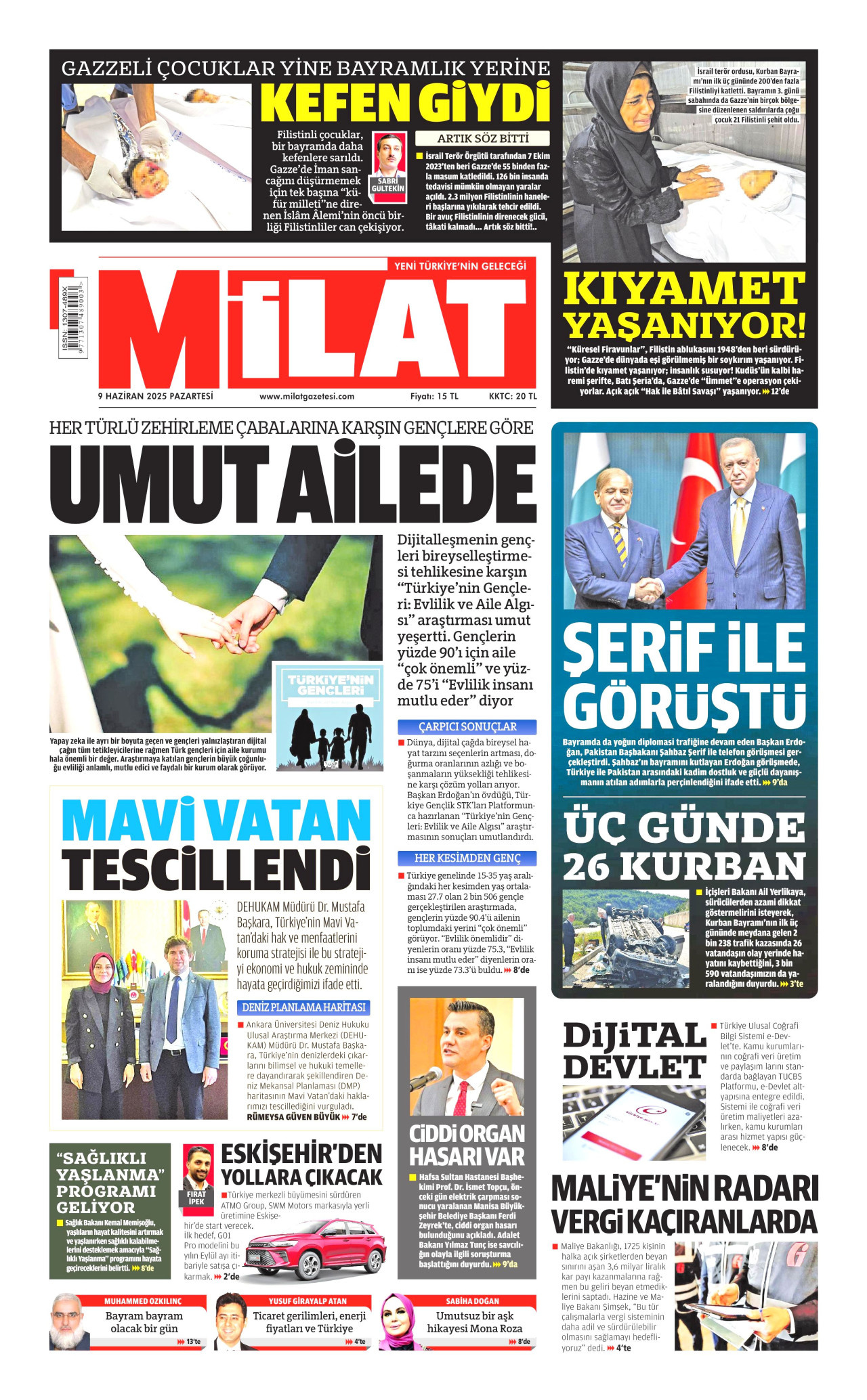 MİLAT gazetesinin 9 Haziran 2025 tarihli birinci sayfası