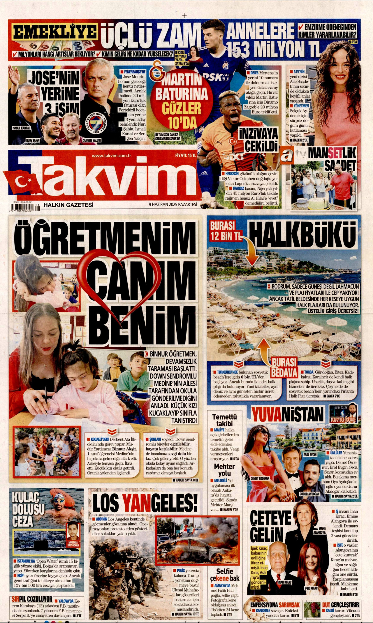 TAKVİM gazetesinin 9 Haziran 2025 tarihli birinci sayfası
