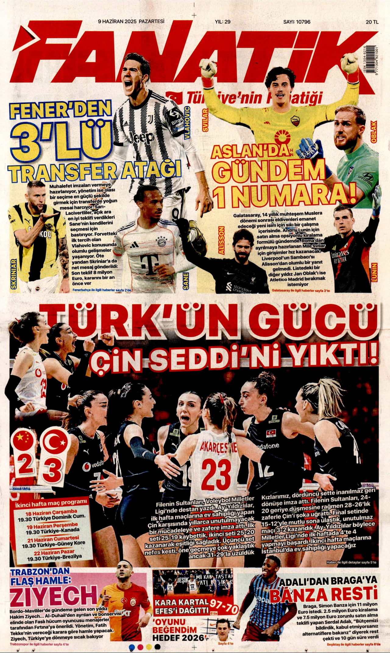 FANATİK gazetesinin 9 Haziran 2025 tarihli birinci sayfası
