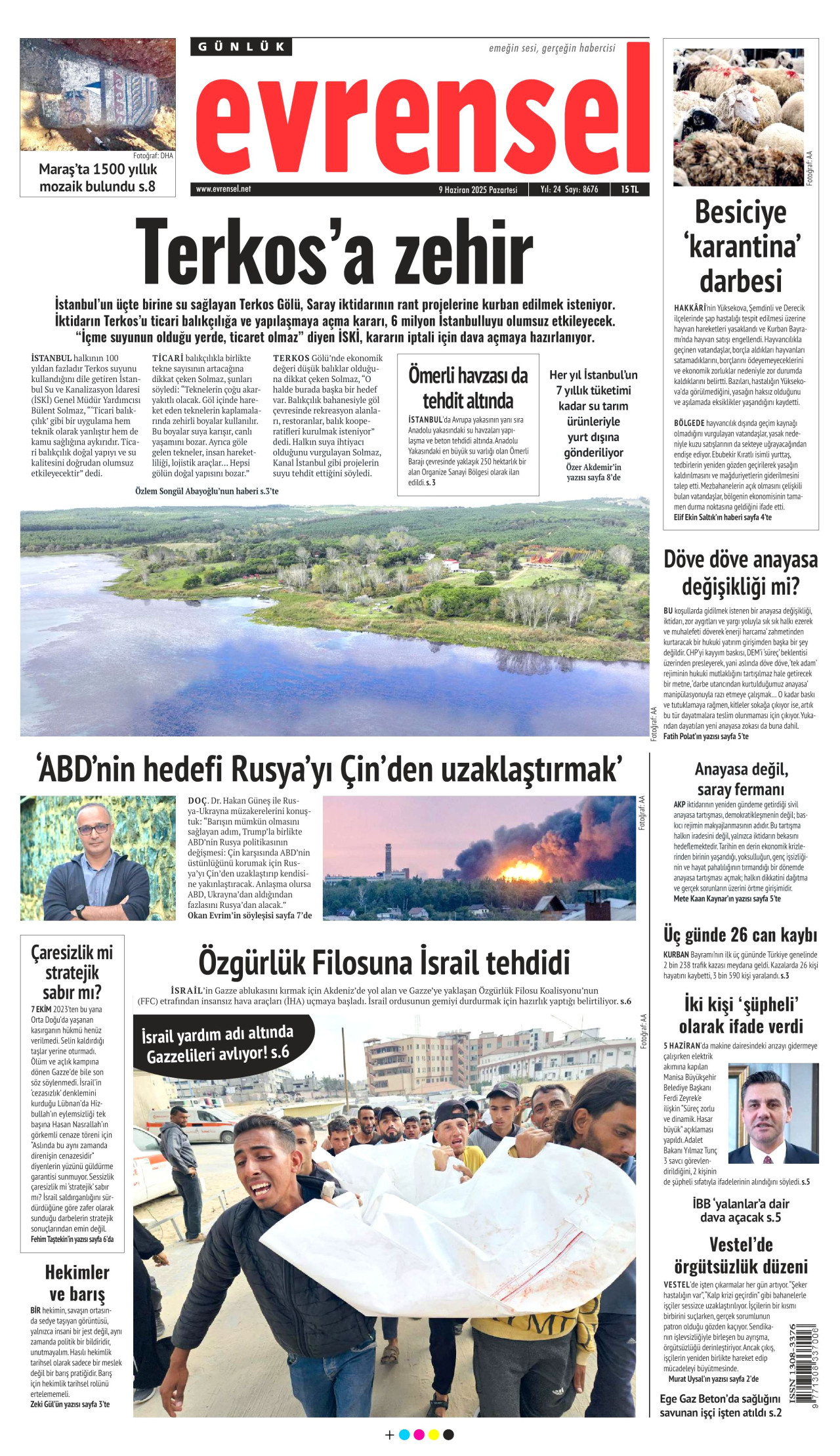 EVRENSEL gazetesinin 9 Haziran 2025 tarihli birinci sayfası