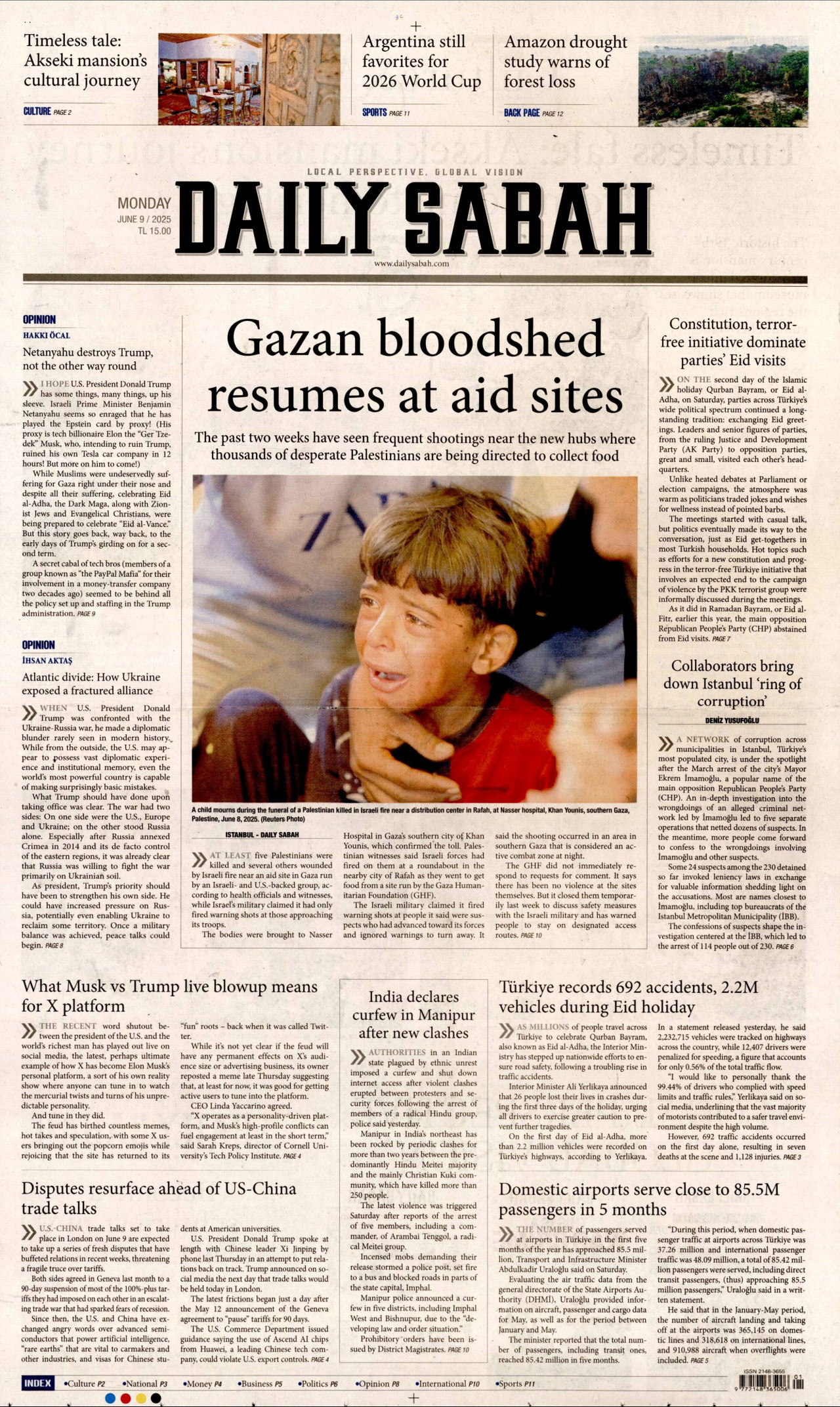 DAİLY SABAH gazetesinin 9 Haziran 2025 tarihli birinci sayfası