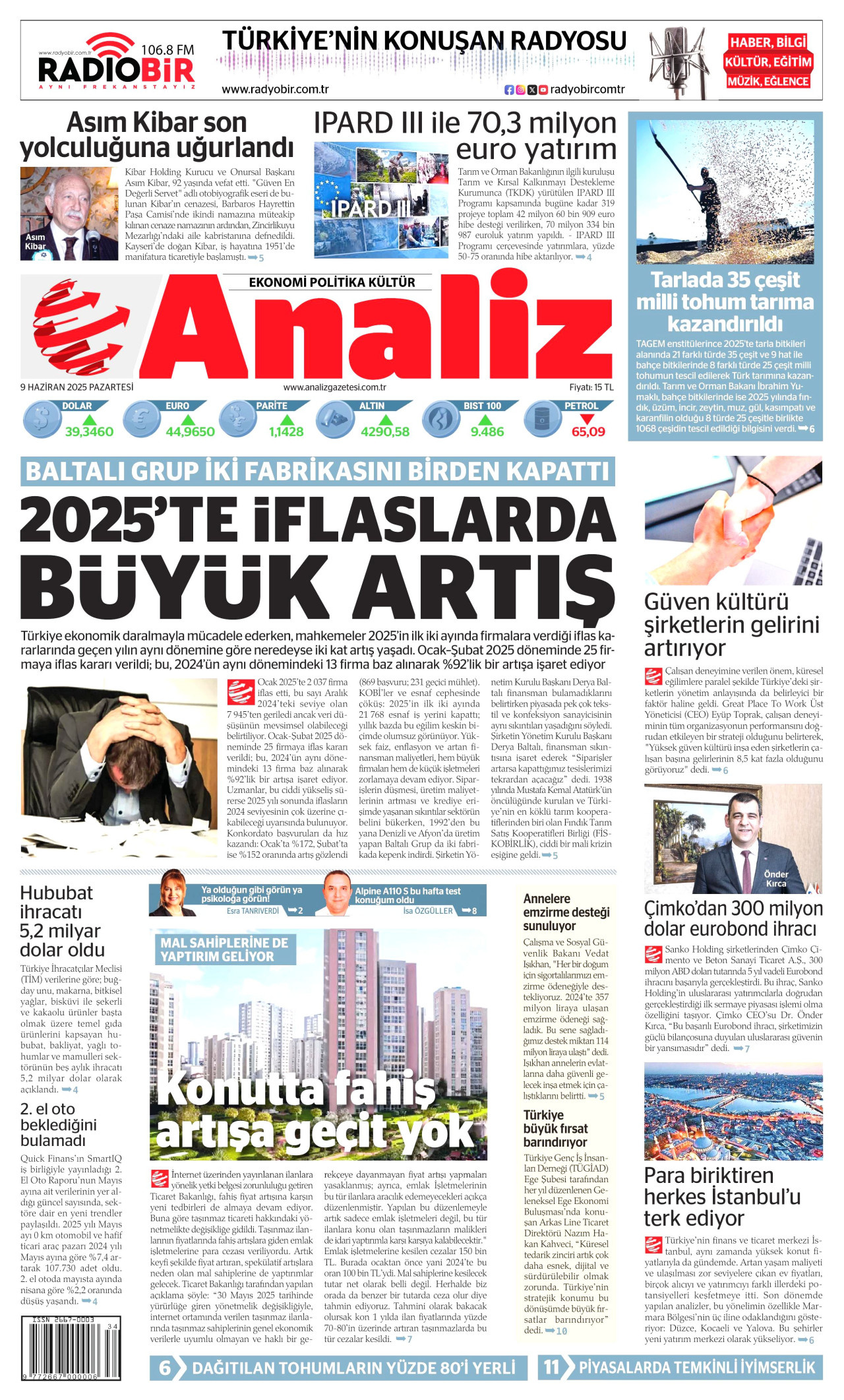 ANALİZ gazetesinin 9 Haziran 2025 tarihli birinci sayfası
