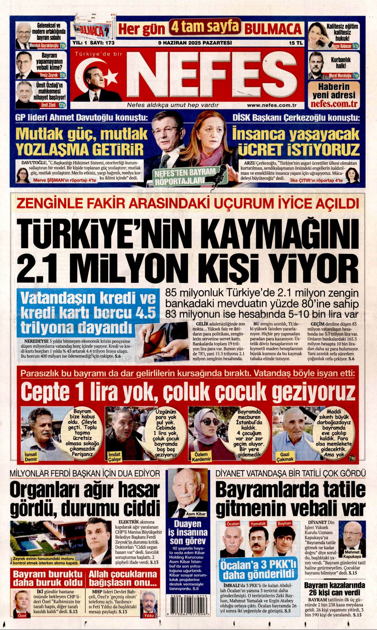 NEFES gazetesinin 9 Haziran 2025 tarihli birinci sayfası