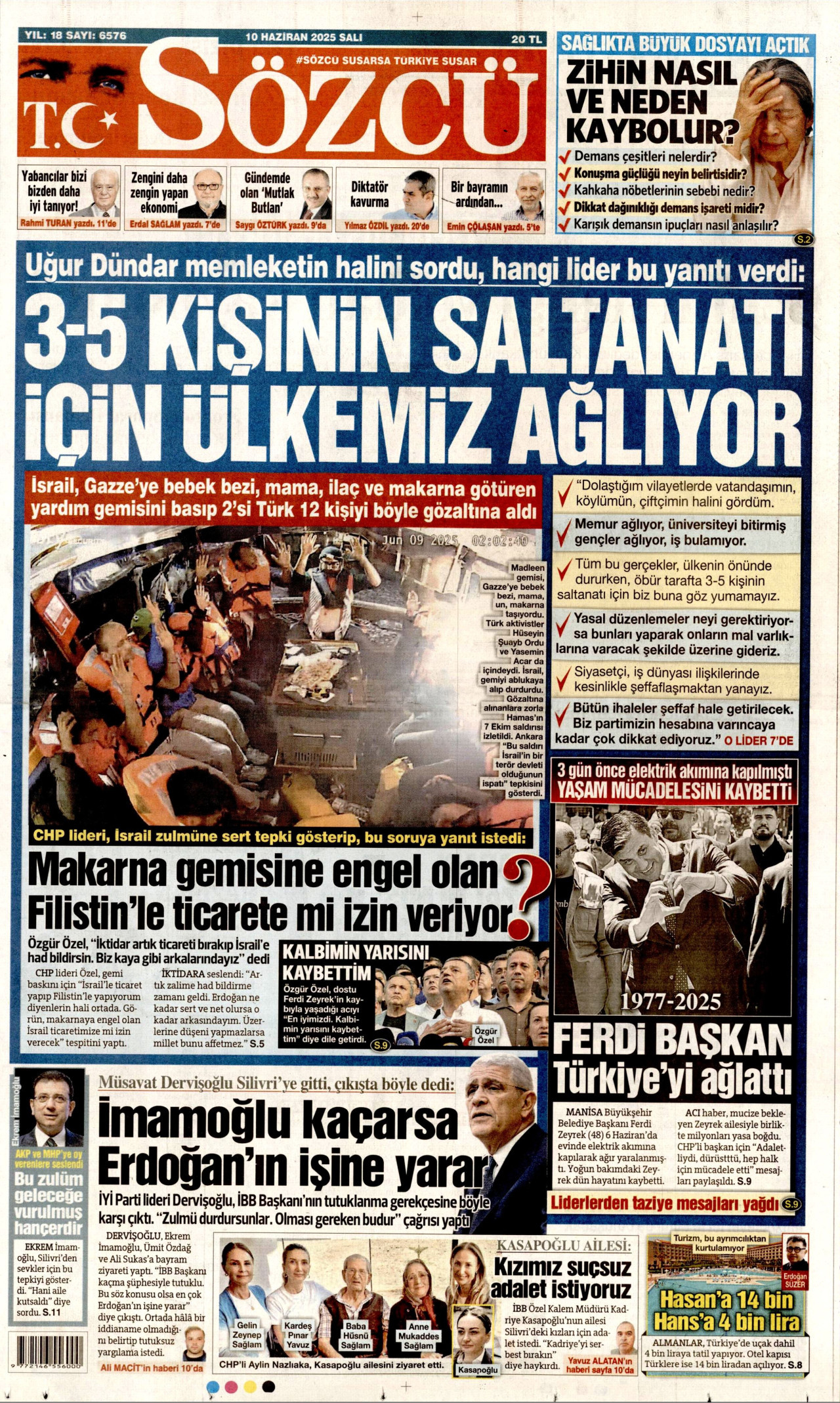 SÖZCÜ gazetesinin 10 Haziran 2025 tarihli birinci sayfası