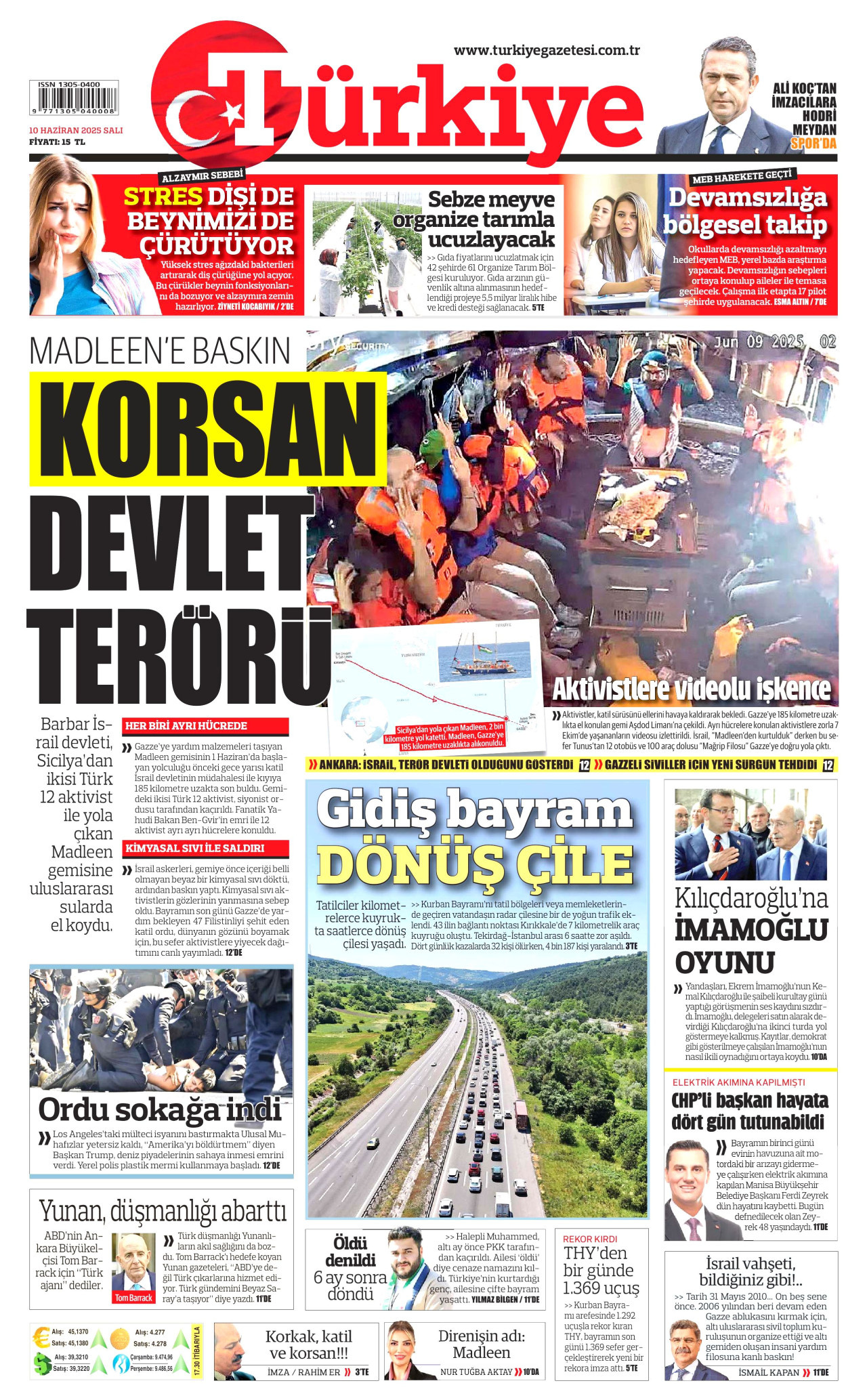 TÜRKİYE GAZETESİ gazetesinin 10 Haziran 2025 tarihli birinci sayfası