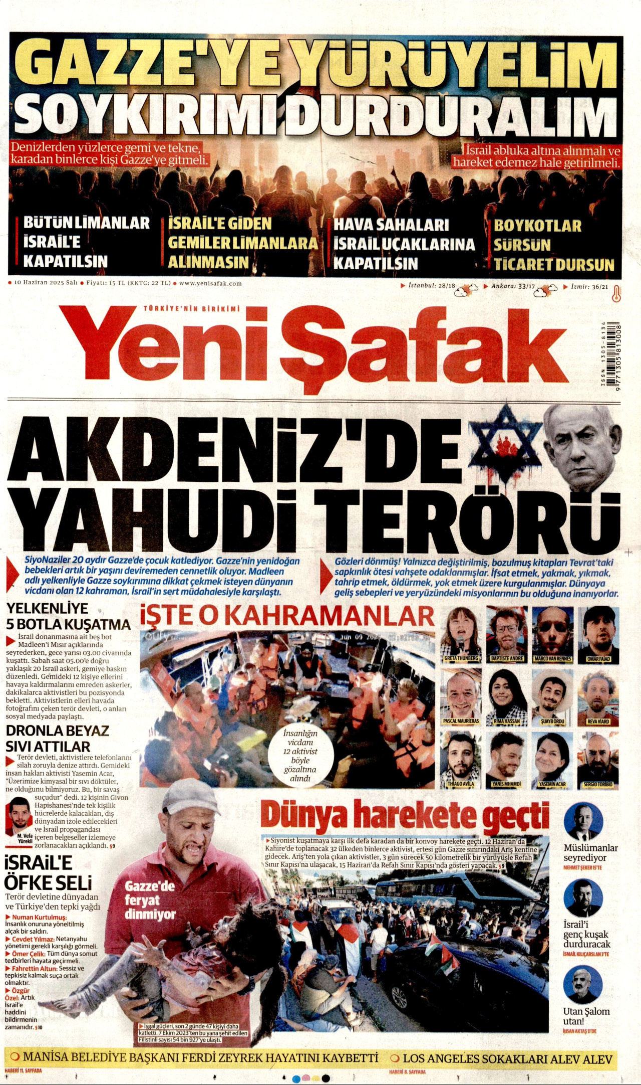 YENİ ŞAFAK gazetesinin 10 Haziran 2025 tarihli birinci sayfası