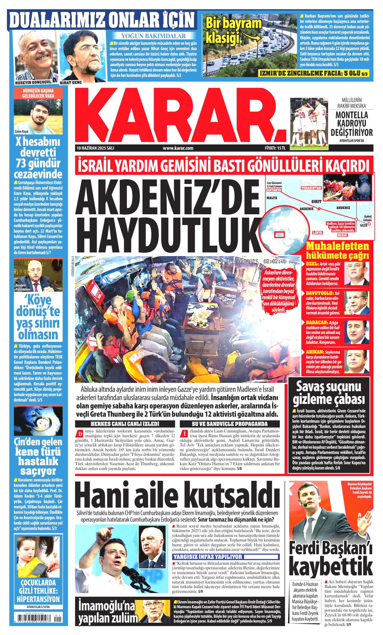 KARAR gazetesinin 10 Haziran 2025 tarihli birinci sayfası
