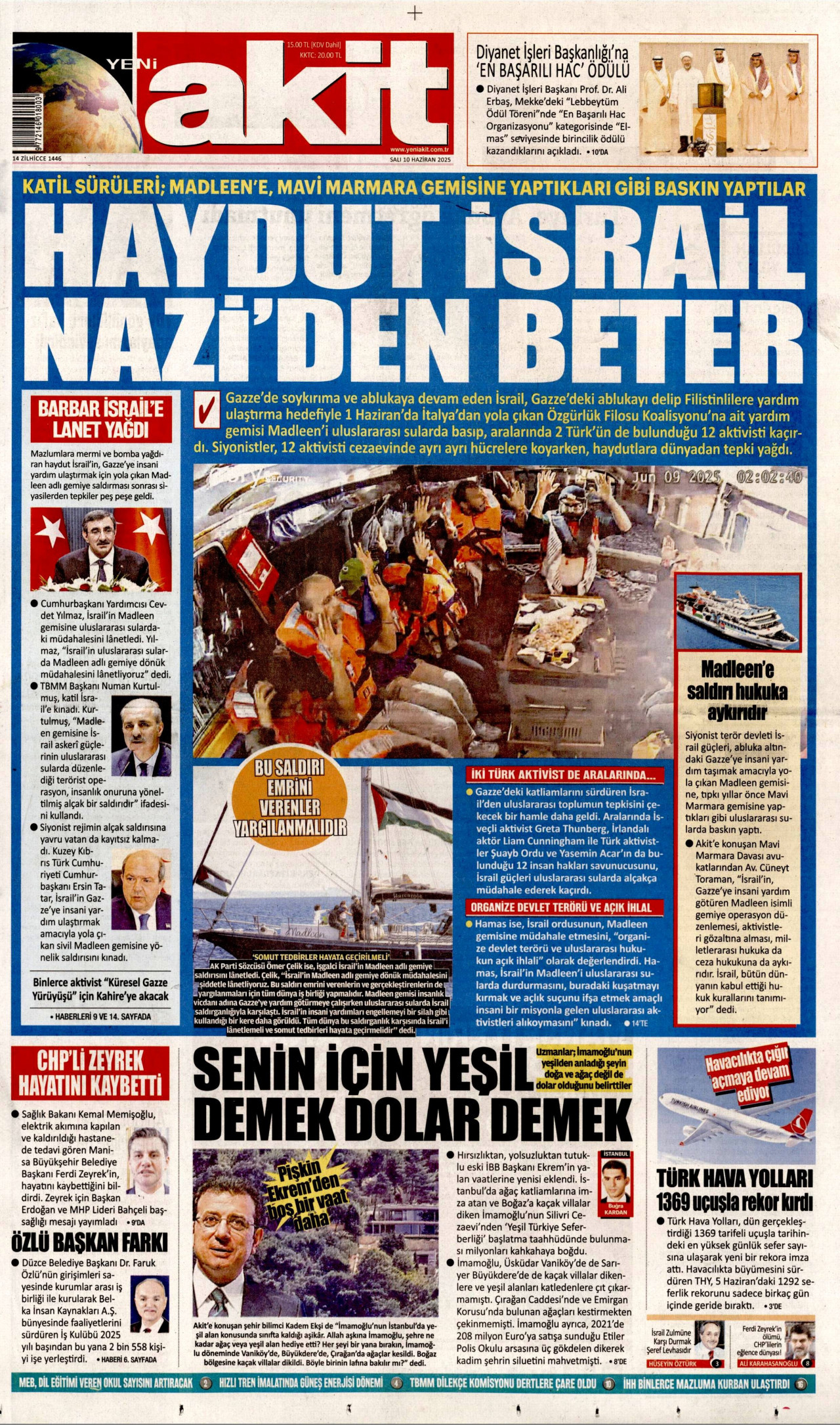 YENİ AKİT gazetesinin 10 Haziran 2025 tarihli birinci sayfası