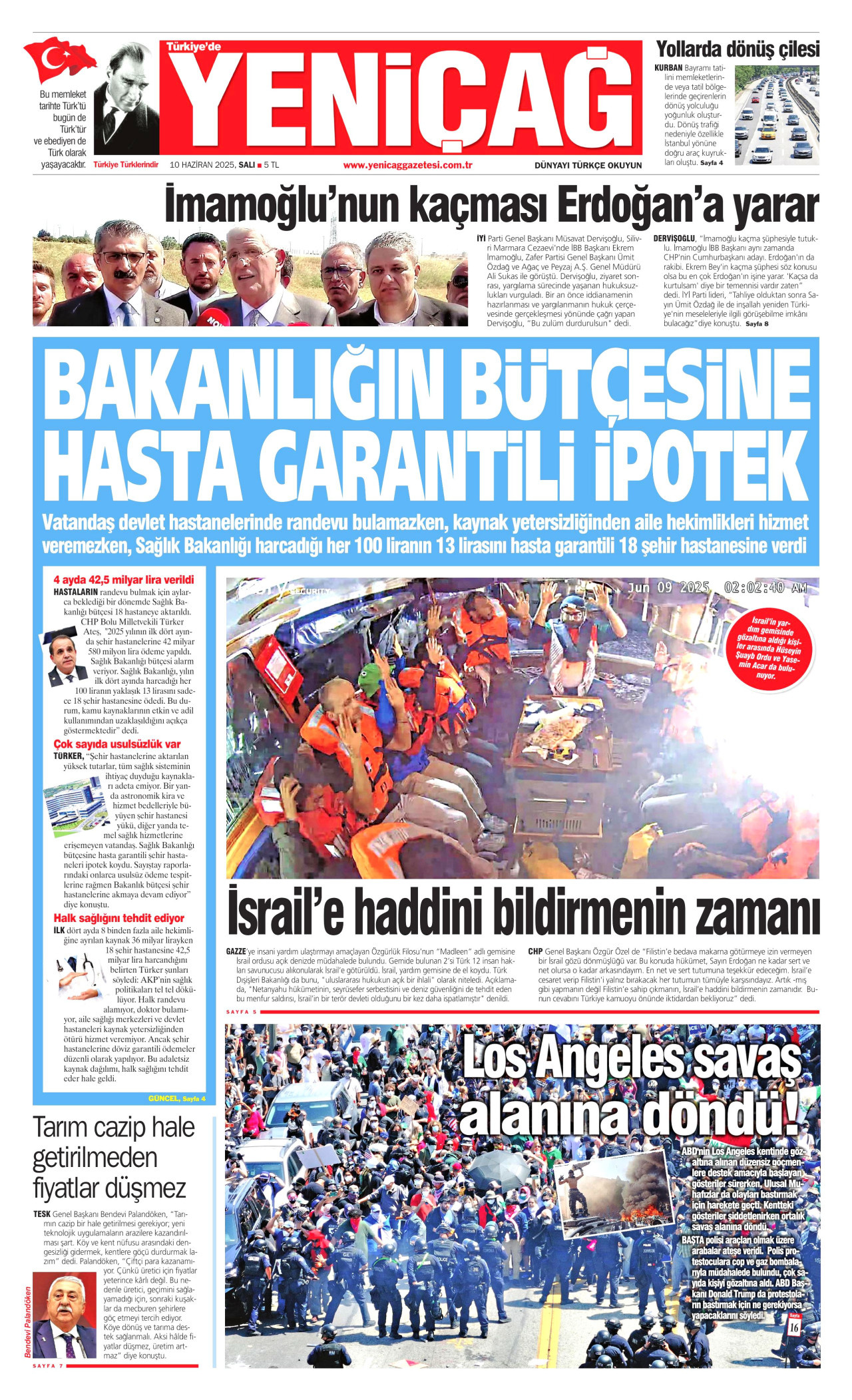 YENİÇAĞ gazetesinin 10 Haziran 2025 tarihli birinci sayfası