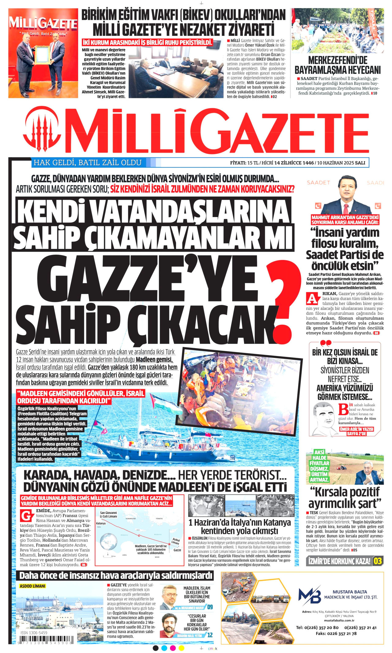 MİLLİ GAZETE gazetesinin 10 Haziran 2025 tarihli birinci sayfası