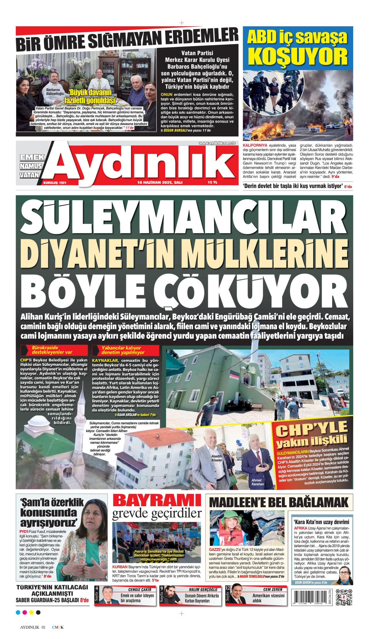 AYDINLIK GAZETESİ gazetesinin 10 Haziran 2025 tarihli birinci sayfası