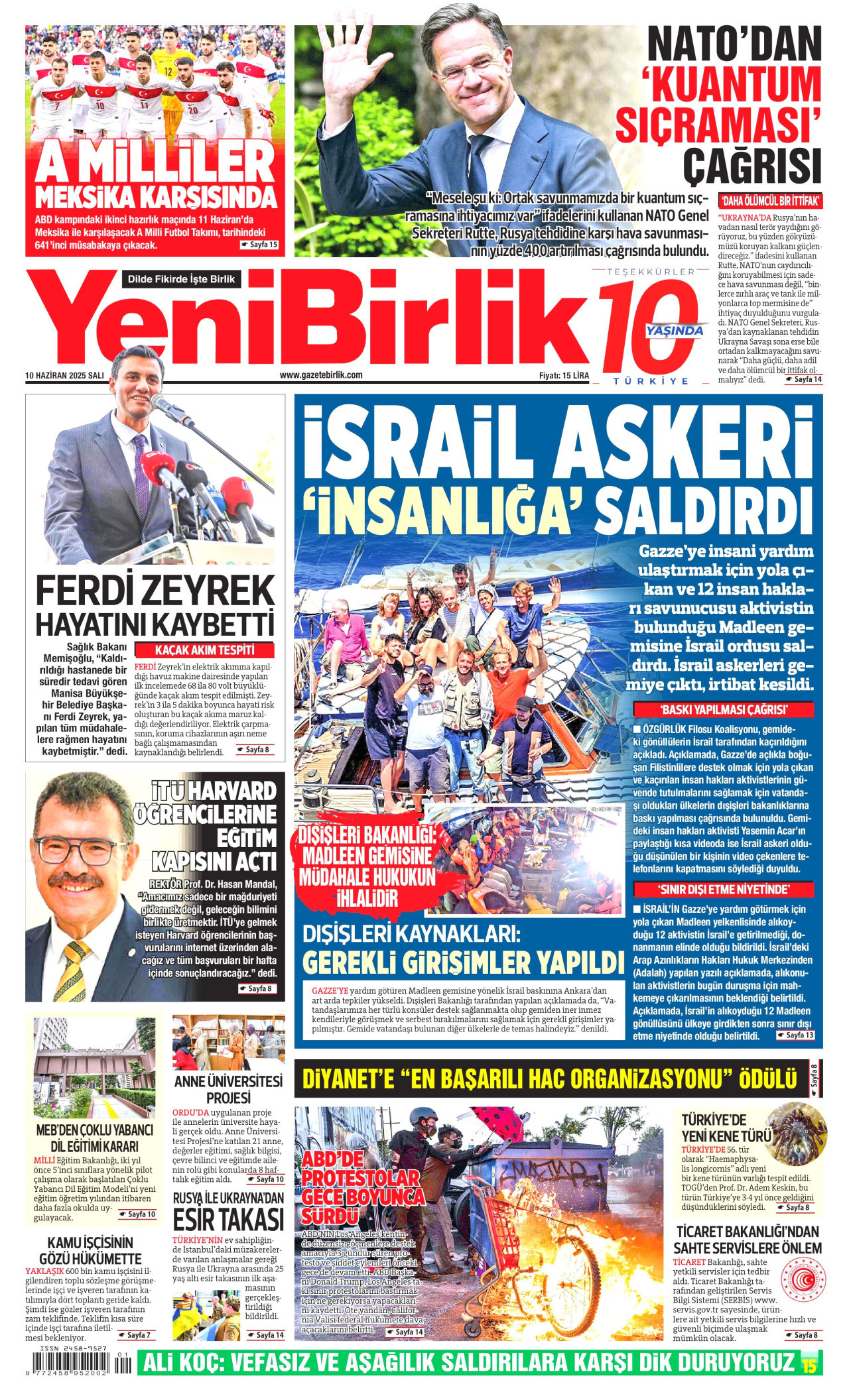 YENİBİRLİK gazetesinin 10 Haziran 2025 tarihli birinci sayfası