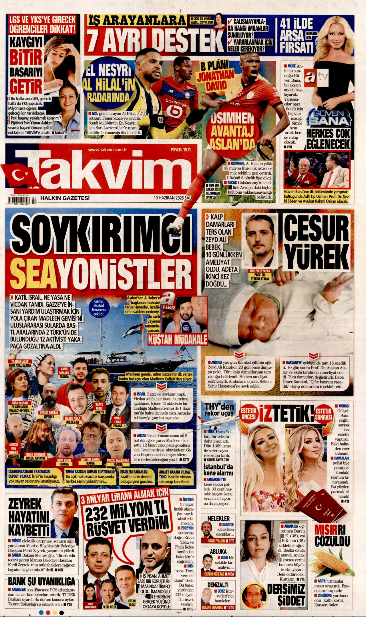 TAKVİM gazetesinin 10 Haziran 2025 tarihli birinci sayfası