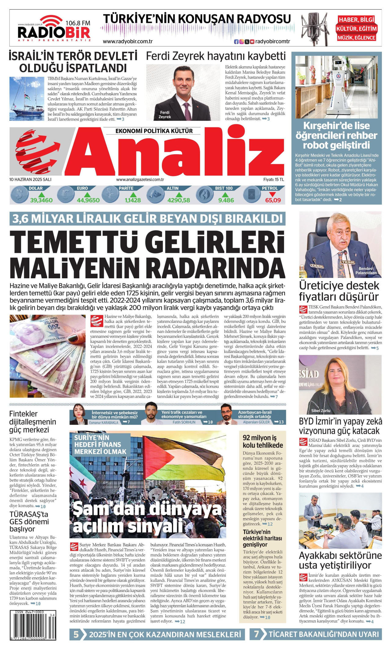 ANALİZ gazetesinin 10 Haziran 2025 tarihli birinci sayfası