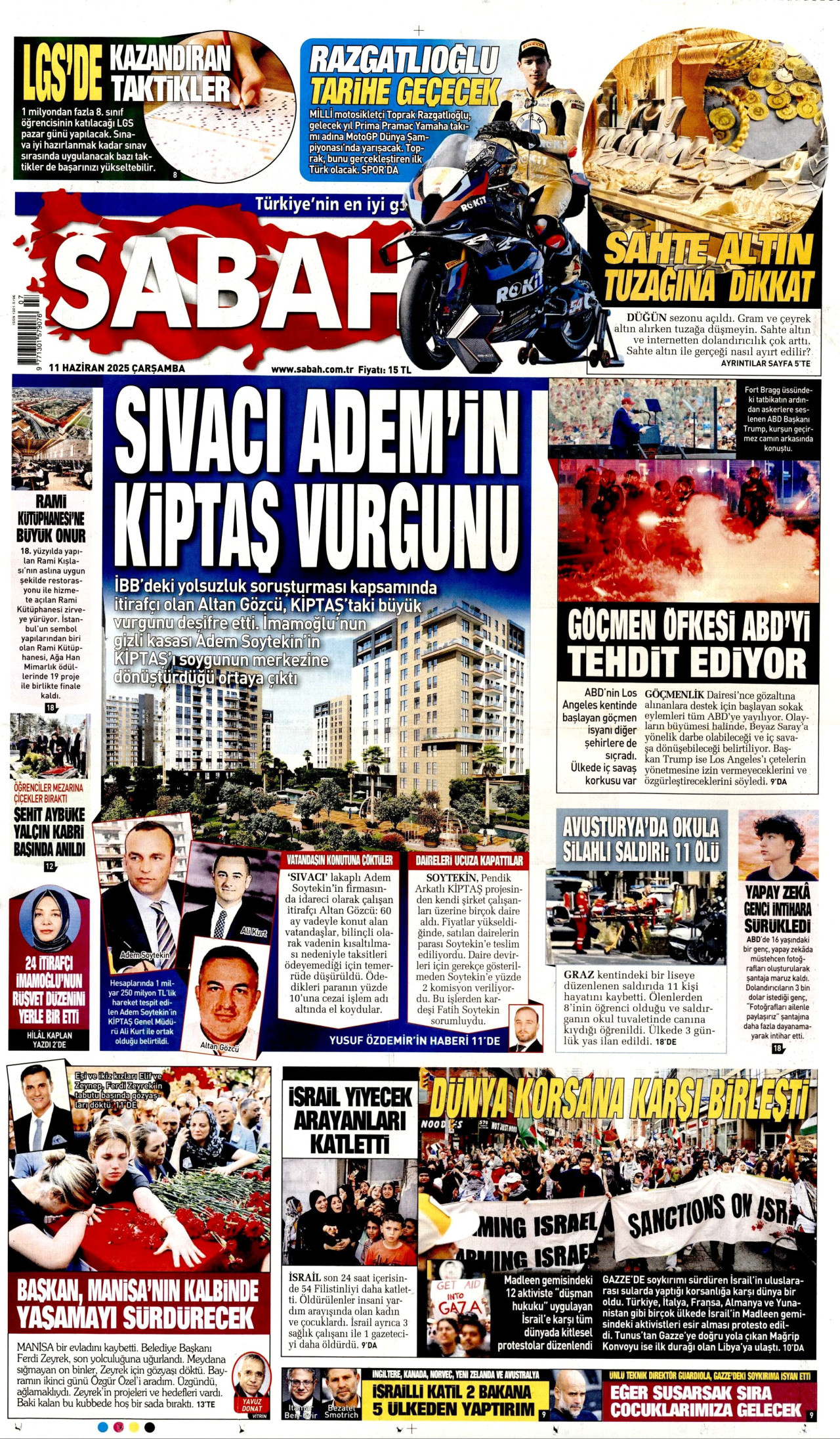 SABAH gazetesinin 11 Haziran 2025 tarihli birinci sayfası