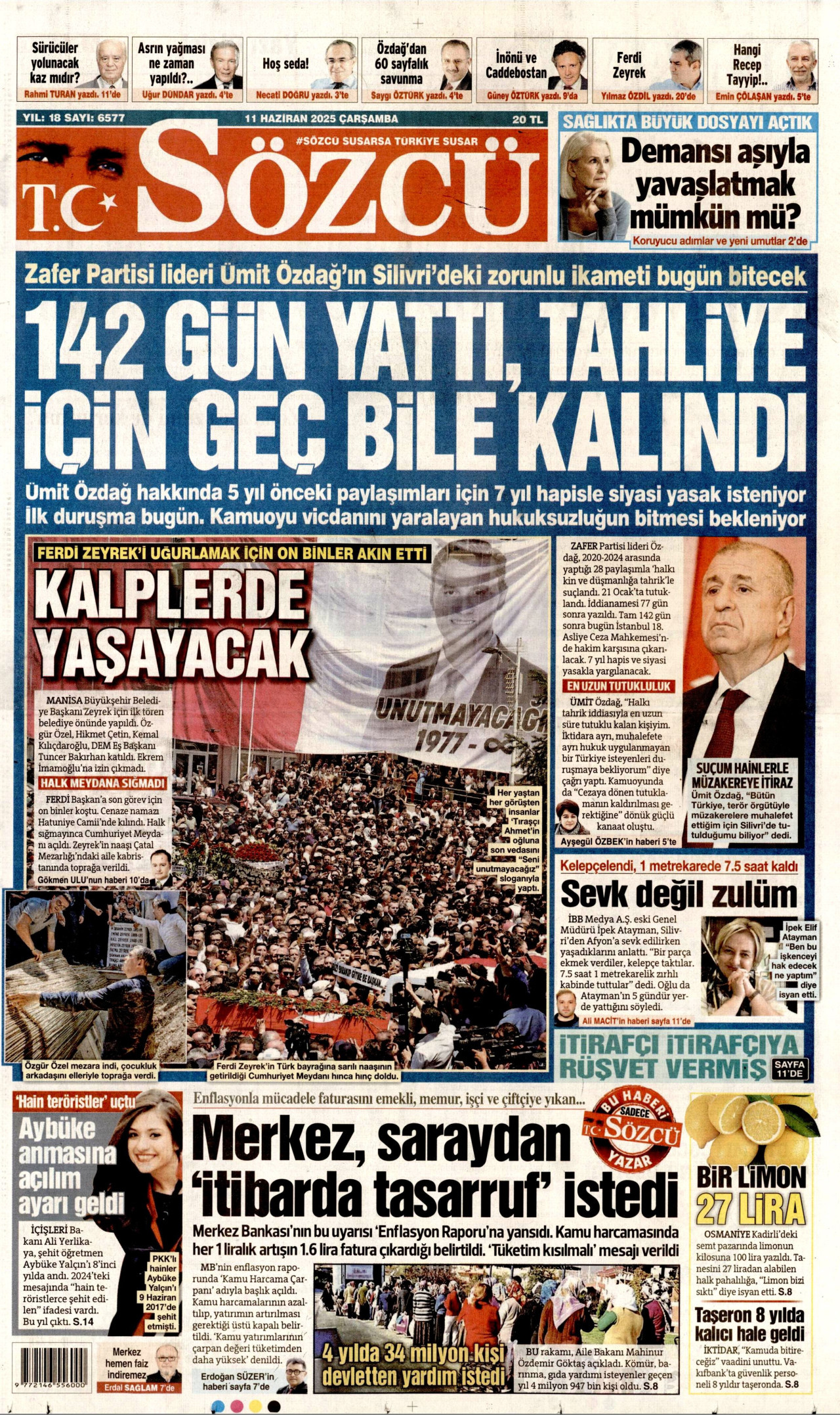 SÖZCÜ gazetesinin 11 Haziran 2025 tarihli birinci sayfası