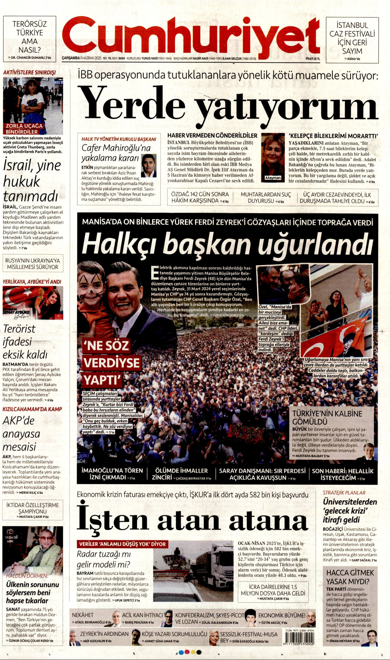 CUMHURİYET gazetesinin 11 Haziran 2025 tarihli birinci sayfası